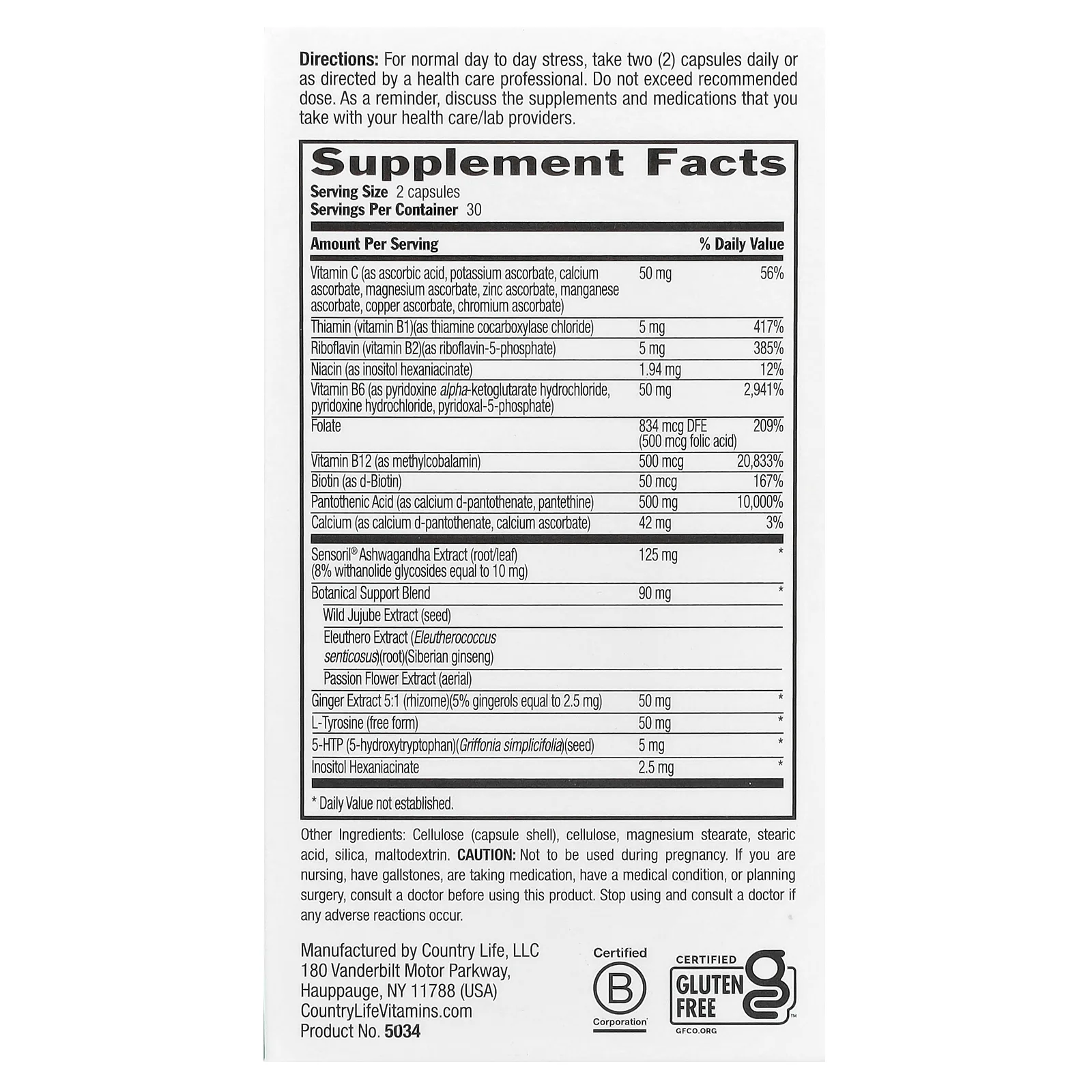 Country Life, средство для защиты от стресса тройного действия, 60 вегетарианских капсул