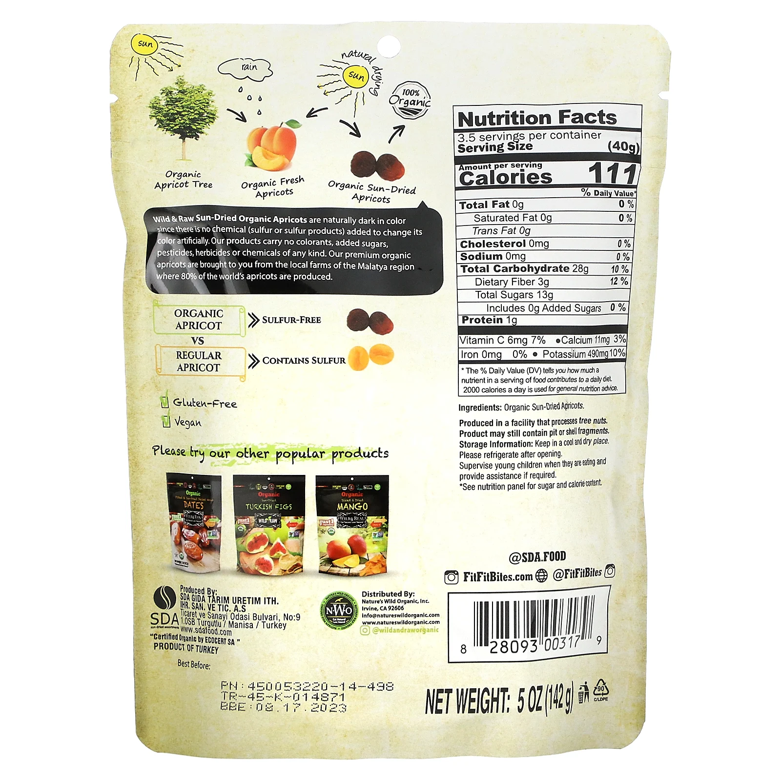 Nature's Wild Organic, Wild & Raw, высушенные на солнце, органические турецкие абрикосы, 142 г (5 унций)