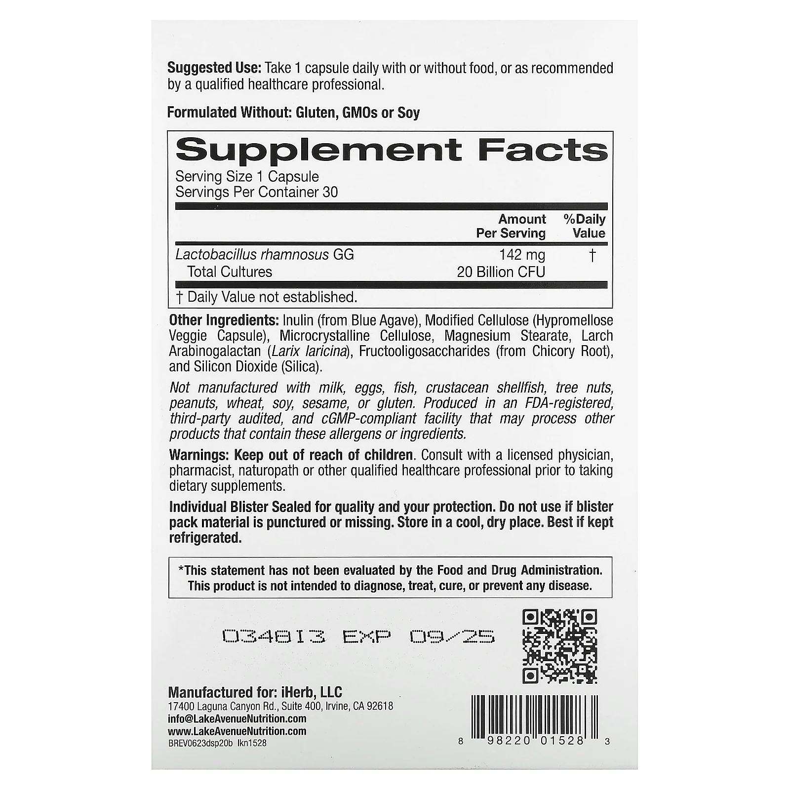 Lake Avenue Nutrition, Пробиотики для поддержки пищеварения, смесь пробиотиков и пребиотиков, 20 млрд КОЕ, 30 капсул