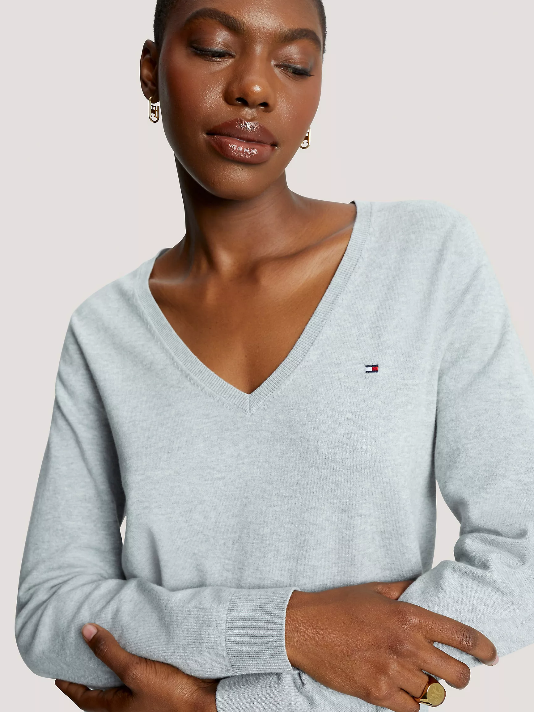 Женский свитер Tommy Hilfiger, Однотонный свитер из хлопковой смеси с V-образным вырезом