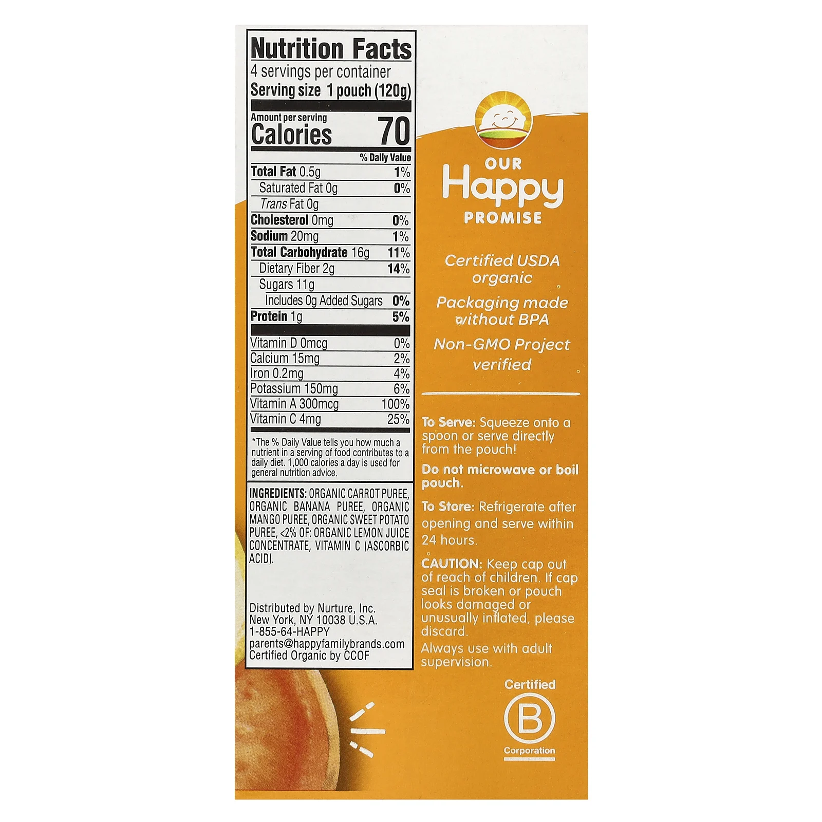 Happy Family Organics,  Обожаю свои овощи  из серии  Счастливый карапуз , органическая фруктово-овощная смесь c морковью, бананом, манго и бататом, 4 пакета по 4,22 унции (120 г)