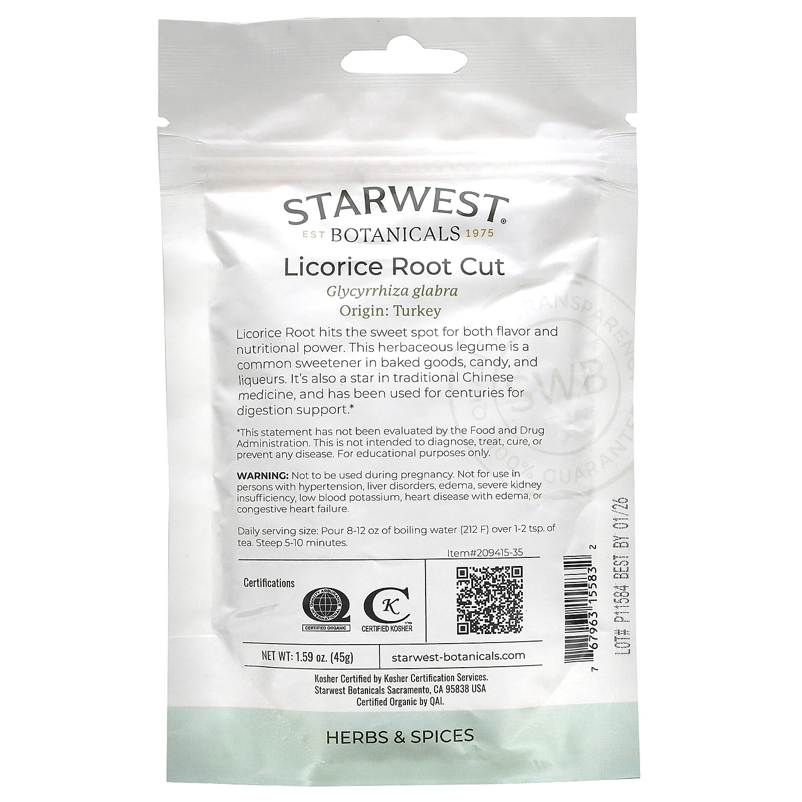 Starwest Botanicals, Сертифицированный органический корень солодки, 45 г (1,59 унции)