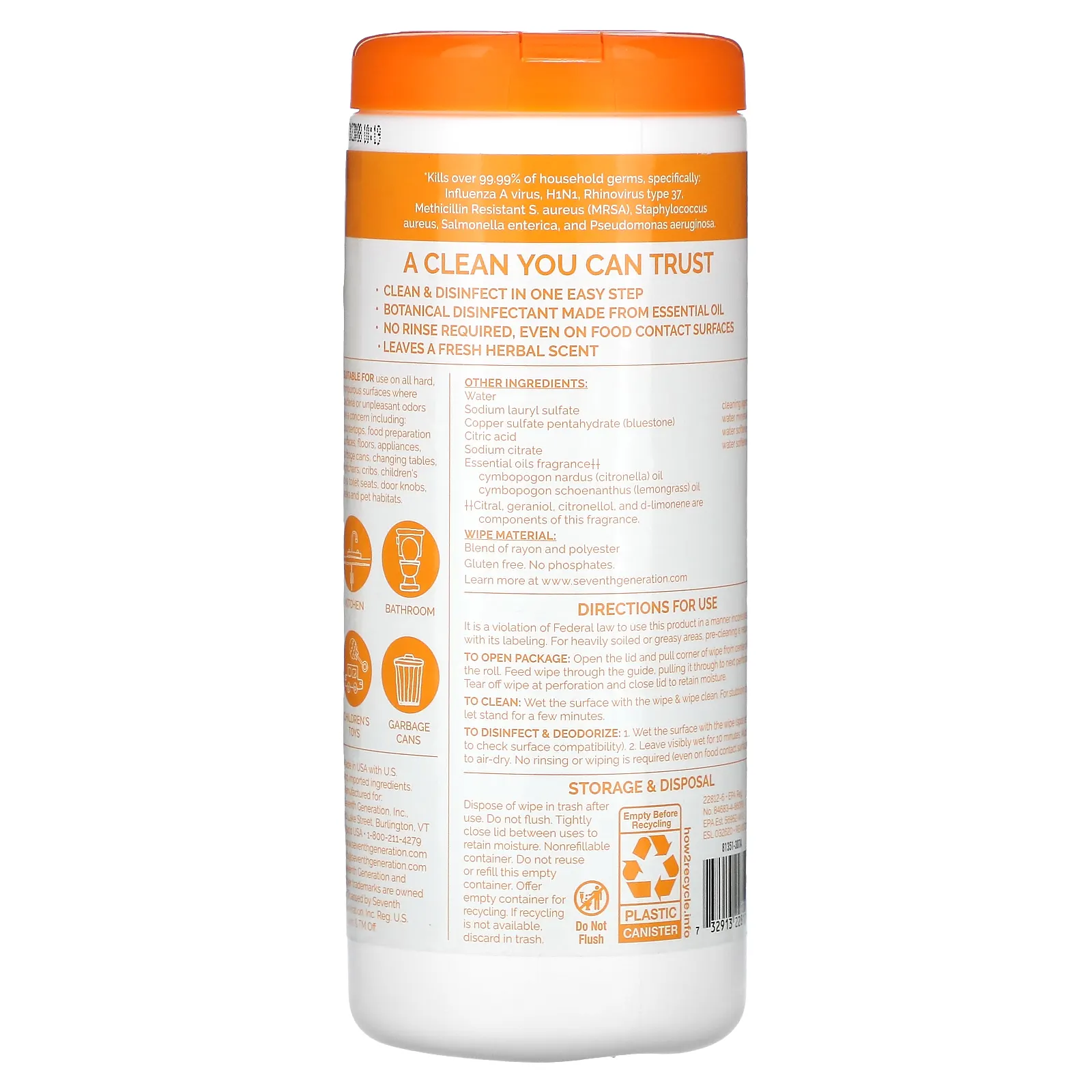 Seventh Generation, дезинфицирующие салфетки, лемонграсс и цитрус, 35 влажных салфеток, 230 г (8,1 унции)