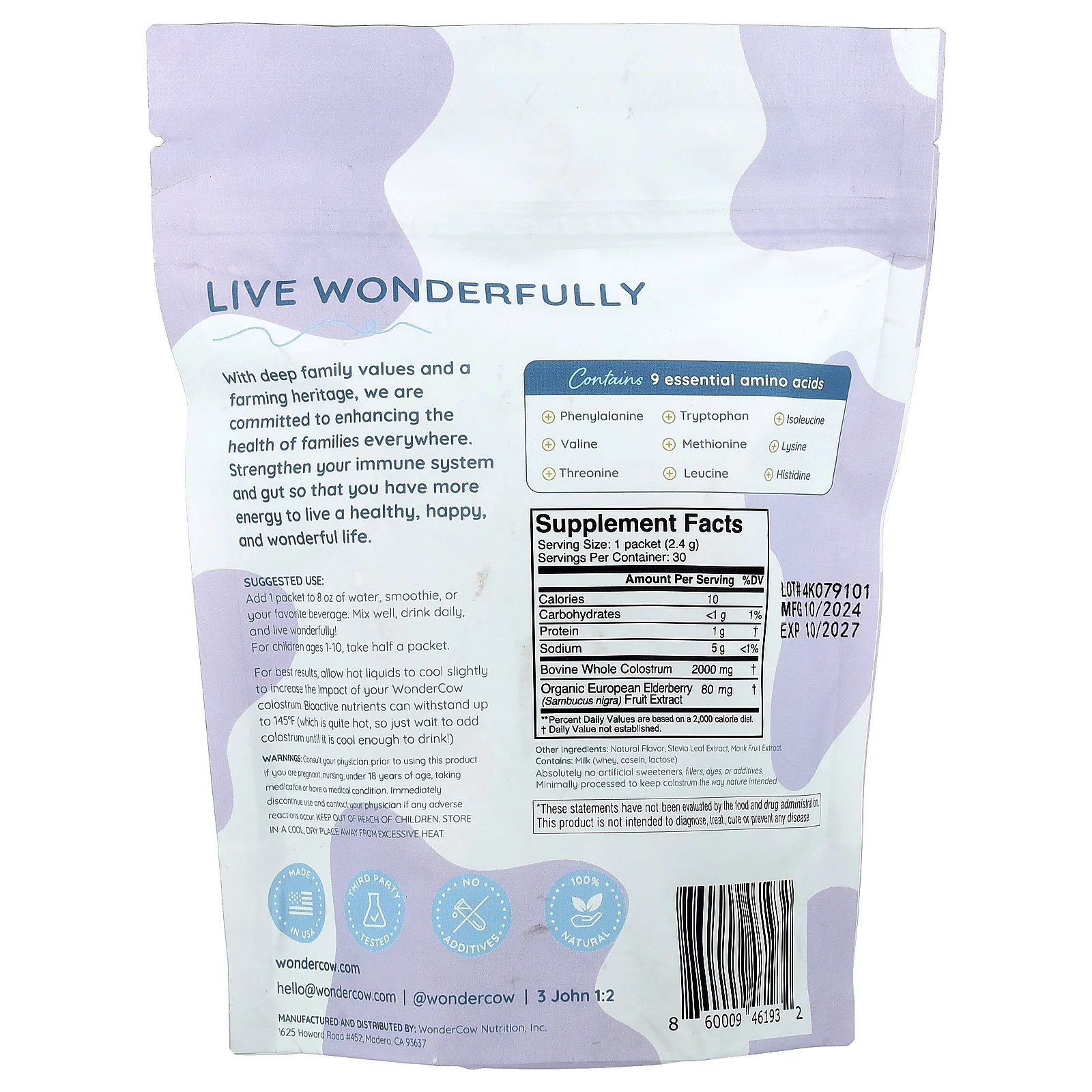 Wondercow, Молозиво в порошке, бузина, 30 пакетиков по 2,4 г (0,08 унции)