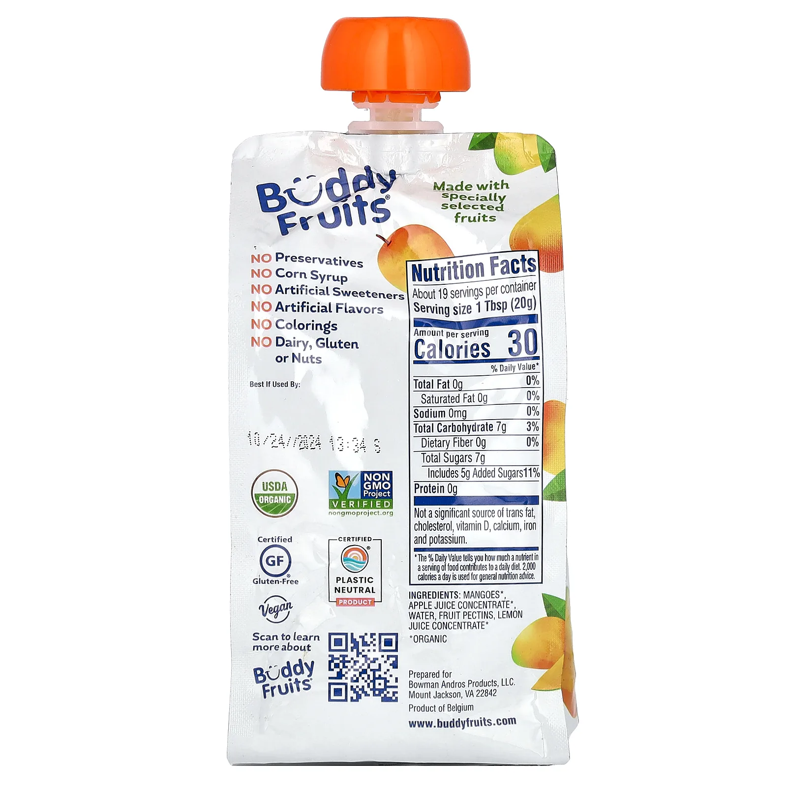 Buddy Fruits, органическая фруктовая паста, со вкусом манго, 370 г (13 унций)