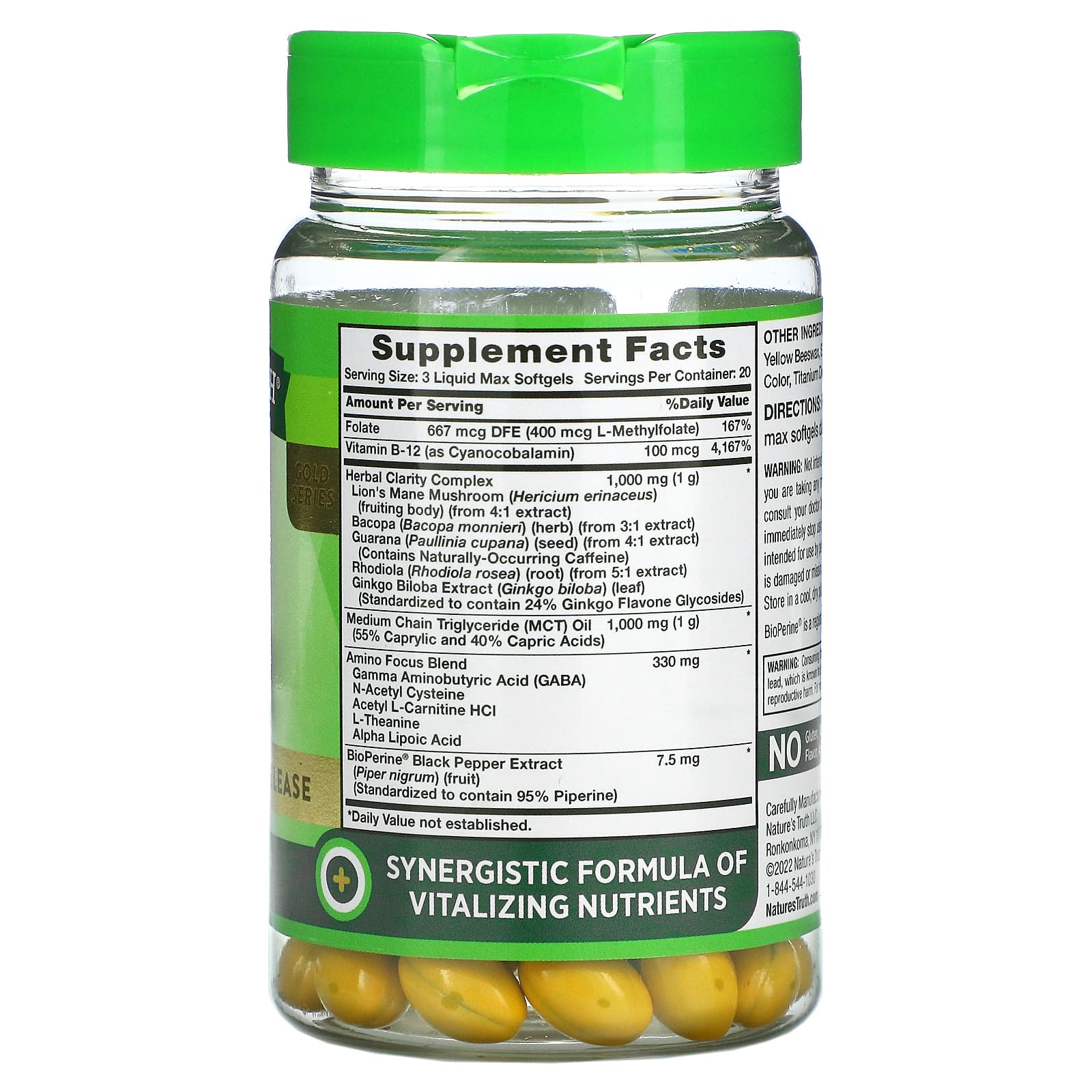 Nature's Truth, Brain Up, с L-теанином, бакопой, витамином B-12, MCT, 60 мягких таблеток Liquid Max