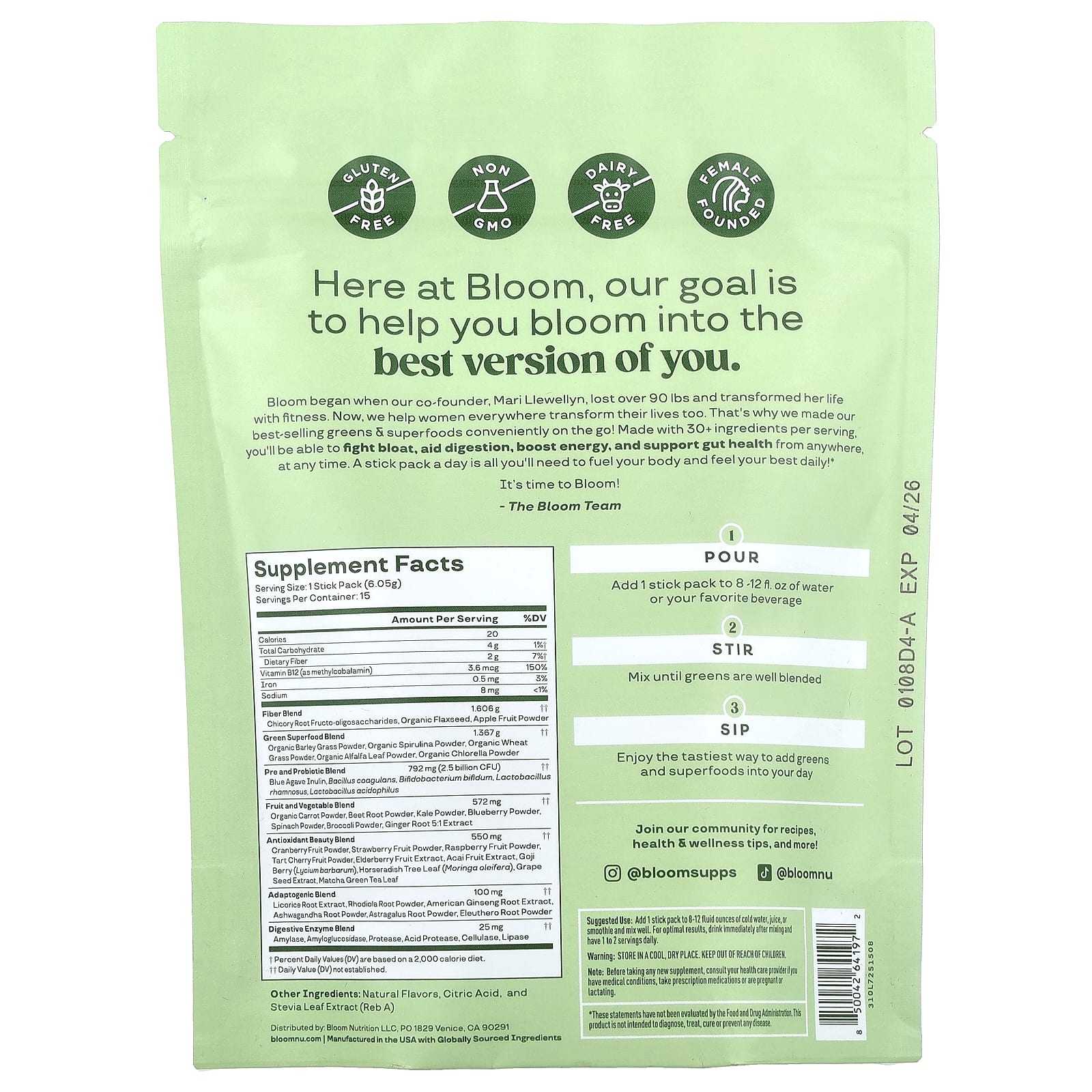 Bloom, зелень и суперфуды, клубника и киви, 15 пакетиков по 6,05 г (0,21 унции)