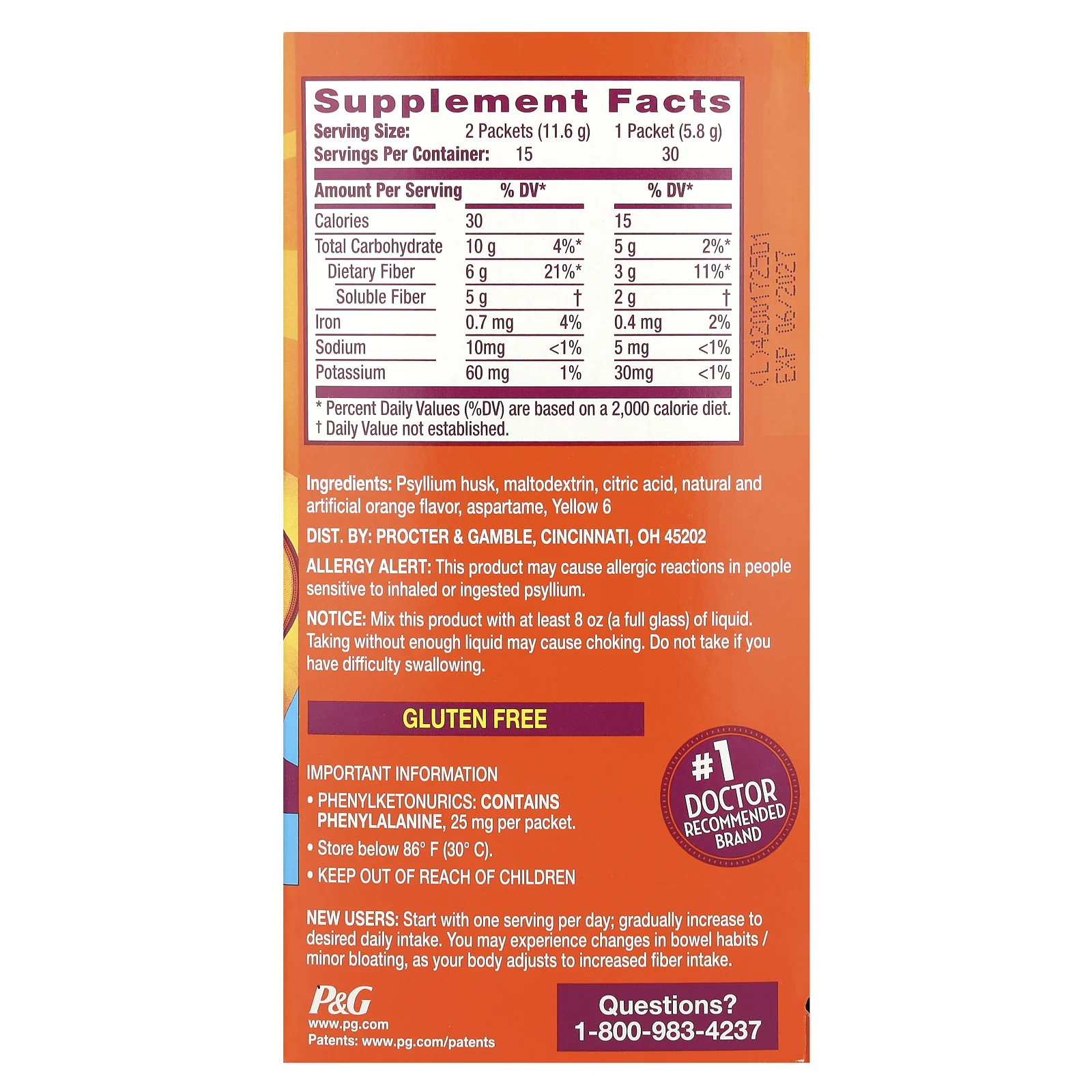 Metamucil, On-The-Go, клетчатка 4 в 1, без сахара, апельсин, 30 пакетиков с порошком по 5,8 г (0,21 унции)