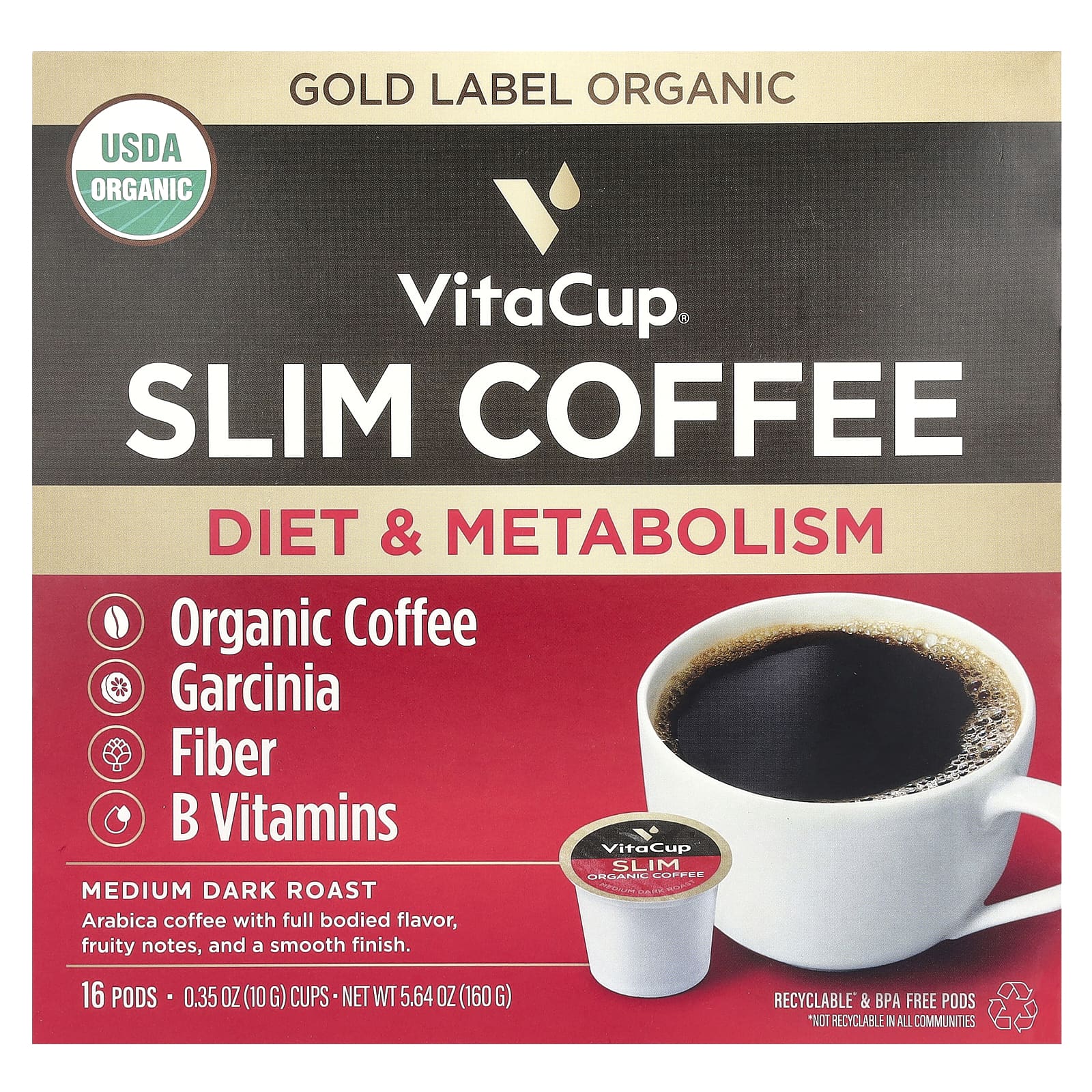 VitaCup, Slim Coffee, средней обжарки, 16 чашек по 11,5 г (0,41 унции)