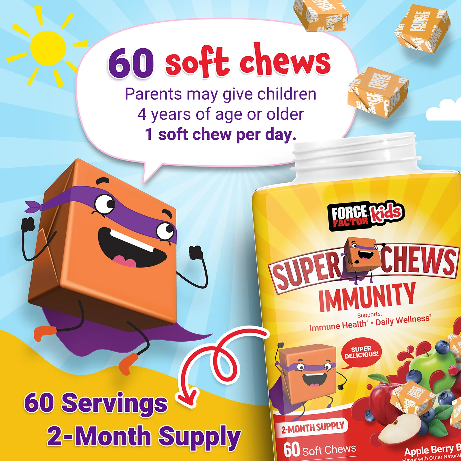 Force Factor, Kids, Super Chews, для иммунитета, яблочный вкус, 60 жевательных таблеток