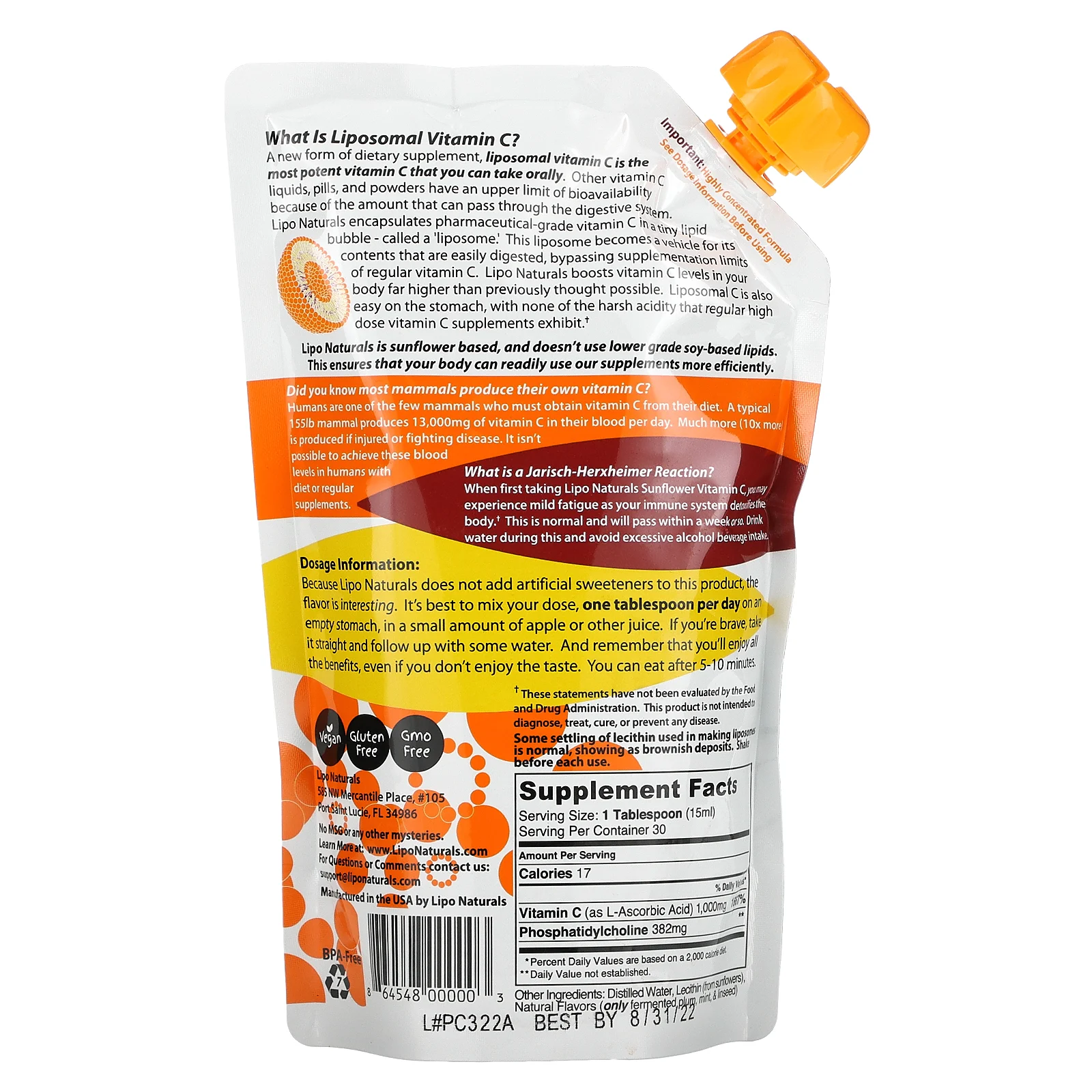 Lipo Naturals, Липосомальный витамин C из подсолнечника, 443 мл (15 унций)