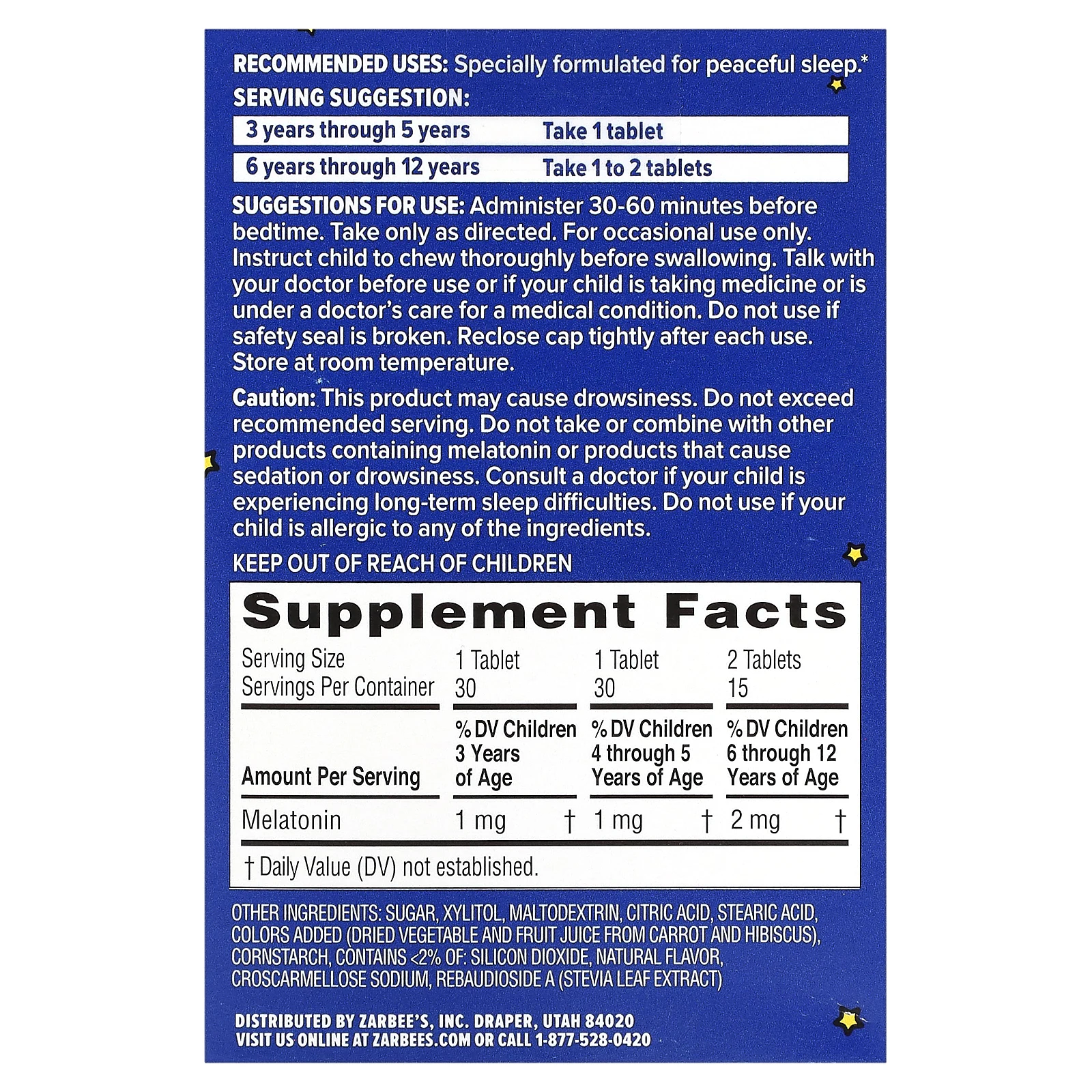 Zarbee's, добавка с мелатонином для спокойного сна детей, вкус натурального винограда, для детей от 3 лет, 30 жевательных таблеток