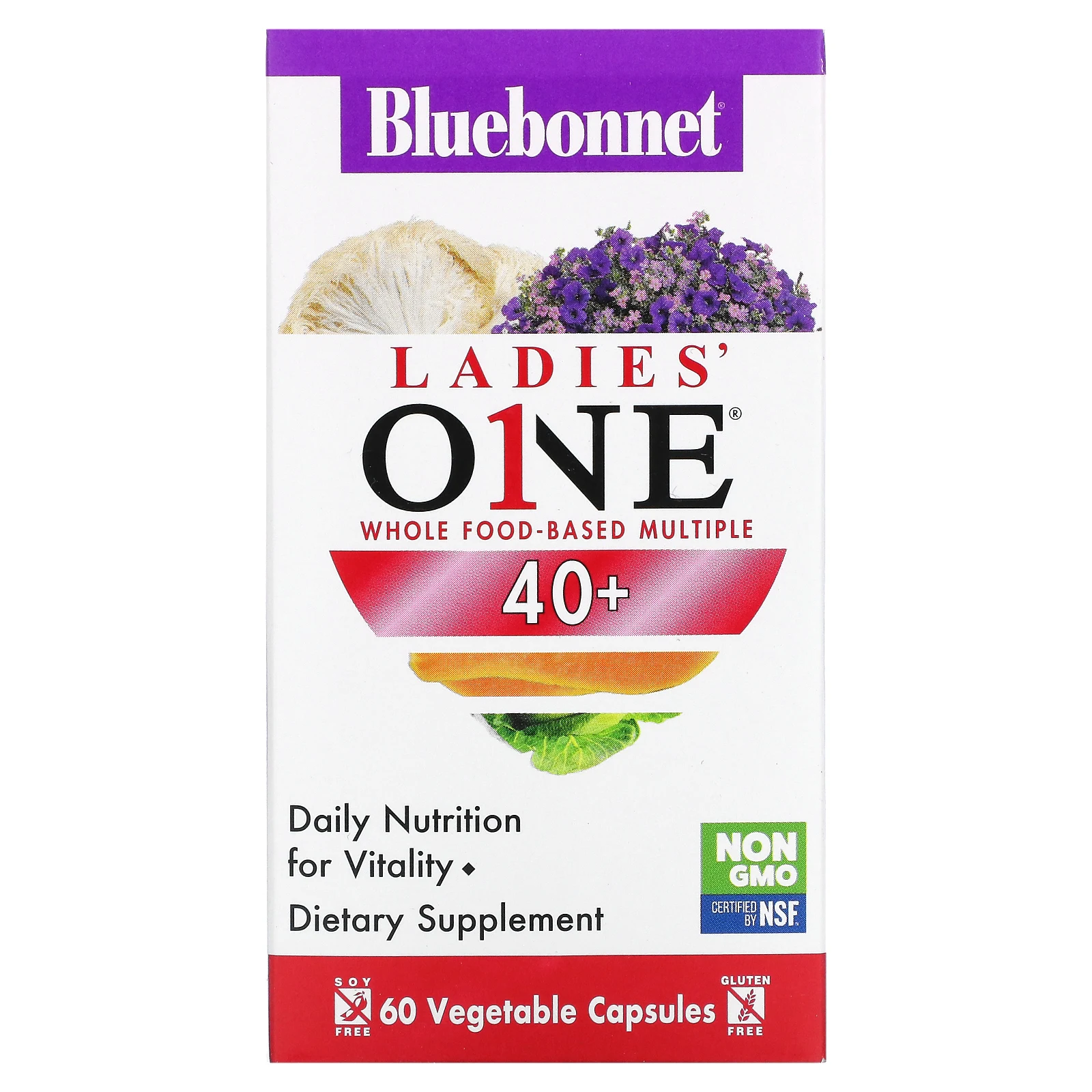 Bluebonnet Nutrition, Ladies' ONE, мультивитаминная добавка на основе цельных продуктов, для женщин старше 40 лет, 60 растительных капсул