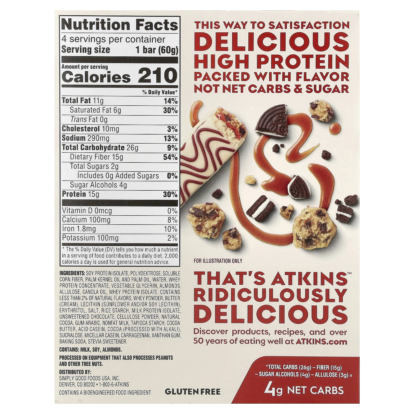 Atkins, высокопротеиновый батончик, печенье, 4 батончика по 60 г (2,12 унции)