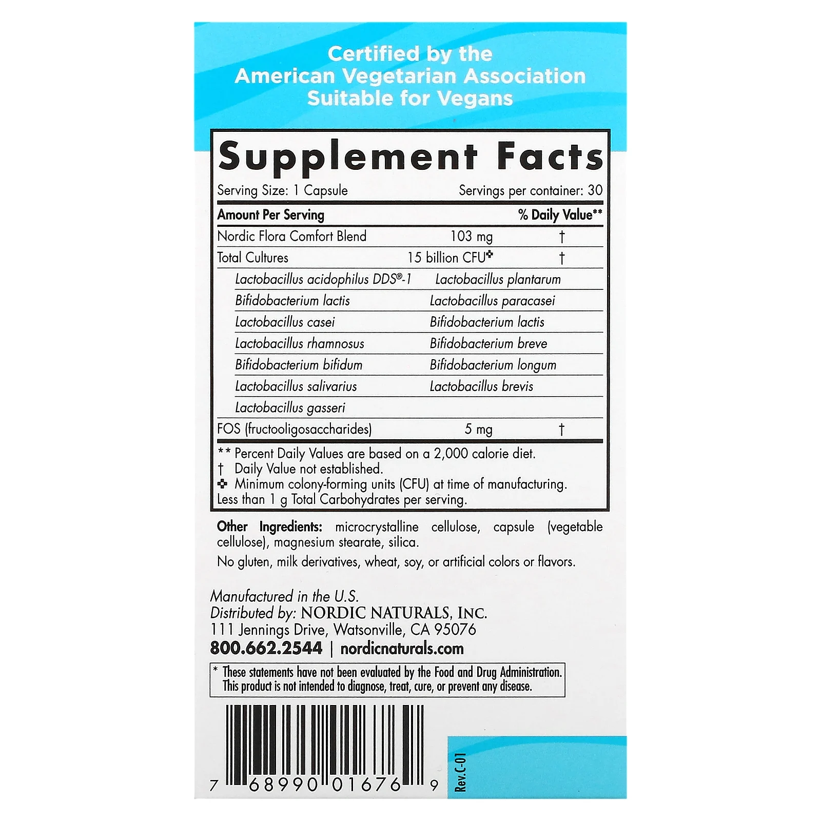 Nordic Naturals, Nordic Flora Probiotic, Comfort, 15 млрд КОЕ, 30 капсул