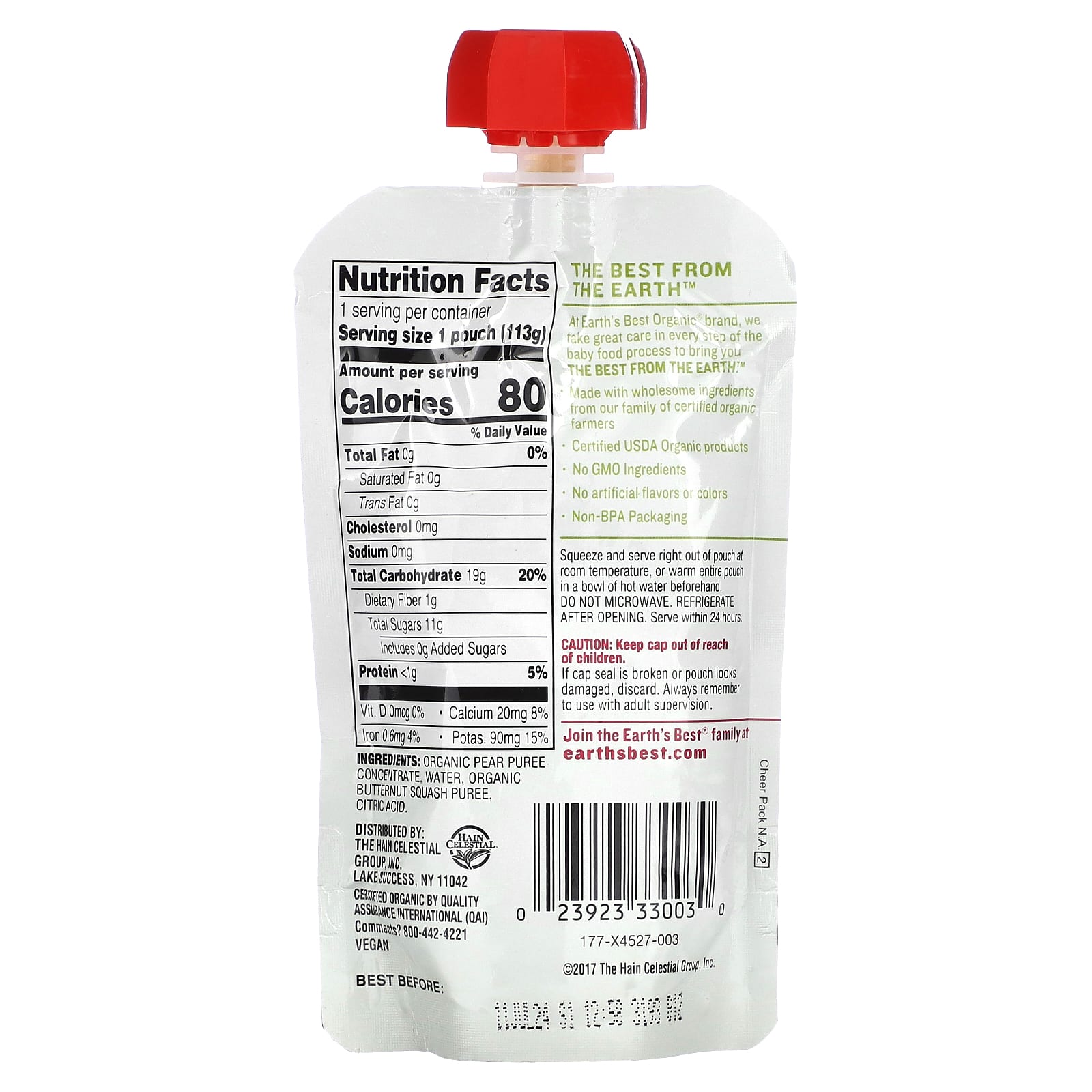 Earth's Best, органическое пюре для детского питания, для детей от 6 месяцев, мускатная тыква и груша, 113 г (4 унции)