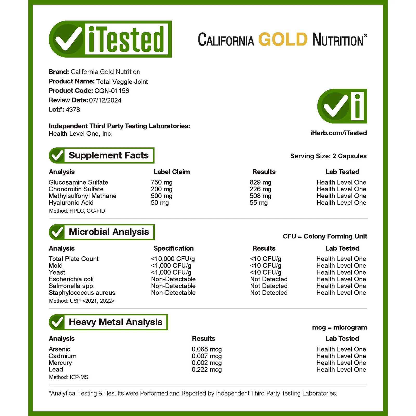 California Gold Nutrition, Total Veggie Joint Support Formula, с глюкозамином, хондроитином, МСМ и гиалуроновой кислотой, 90 растительных капсул