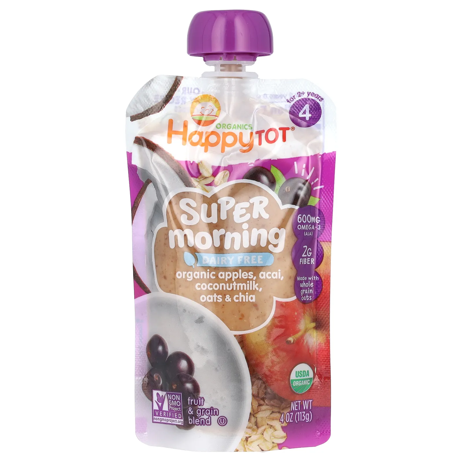Happy Family Organics, Happy Tot, Super Morning, без молочных продуктов, для детей от 2 лет, органические яблоки, асаи, кокосовое молоко, овес и чиа, 113 г (4 унции)