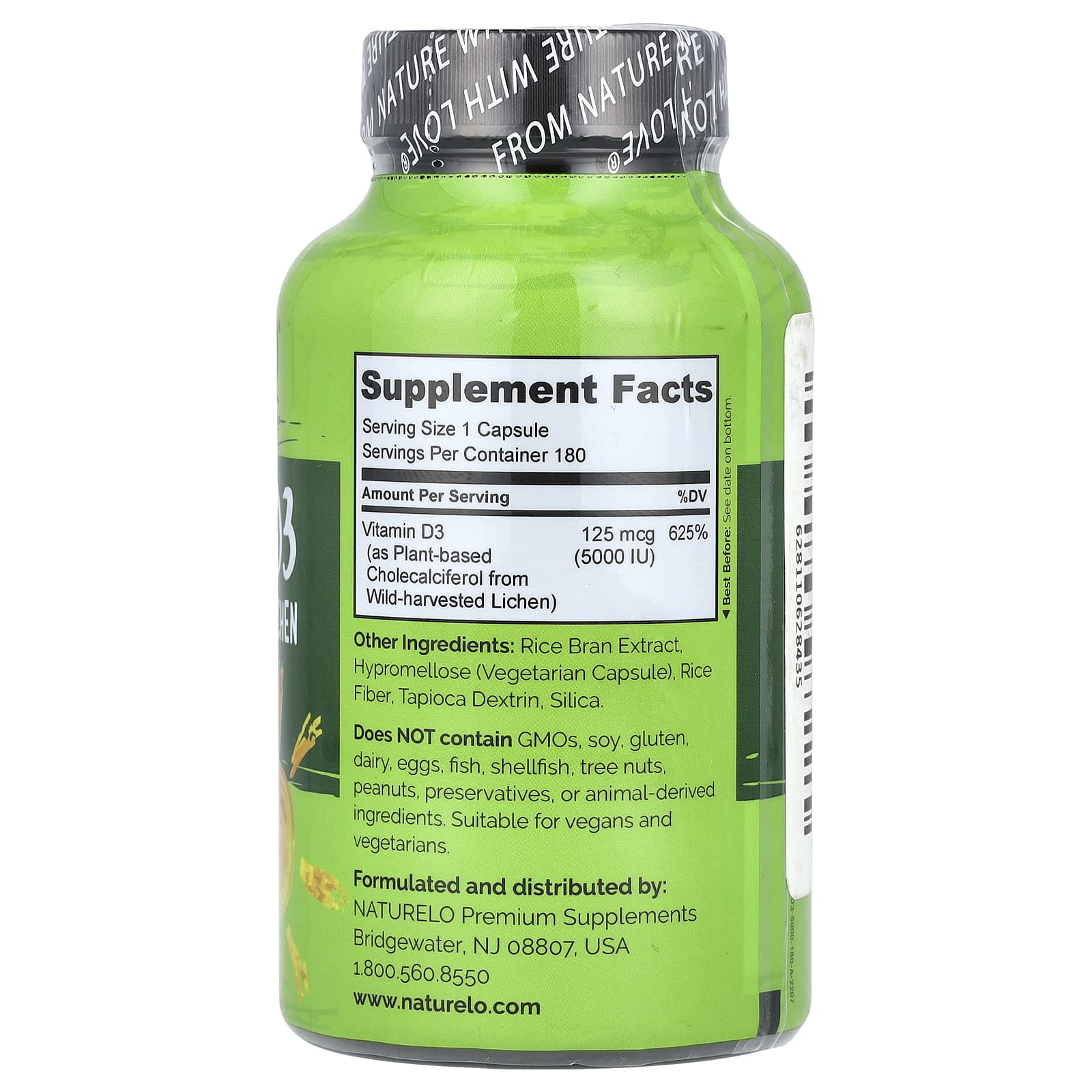 NATURELO, витамин D3, на растительной основе, 125 мкг (5000 МЕ), 180 капсул, которые легко глотать