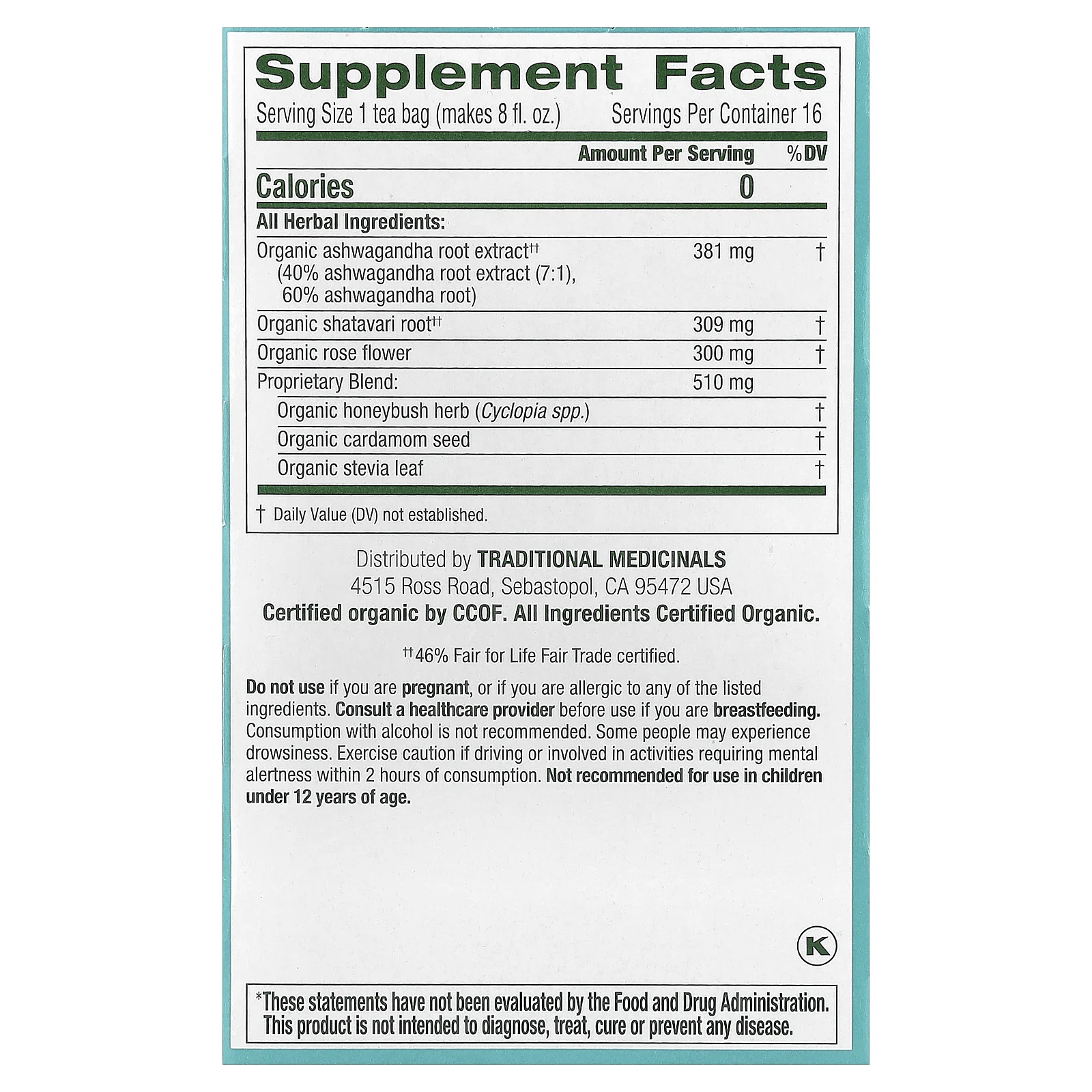 Traditional Medicinals, Organic Stress Ease® Calm, ашваганда и ханибуш, без кофеина, 16 чайных пакетиков в упаковке, 24 г (0,85 унции)