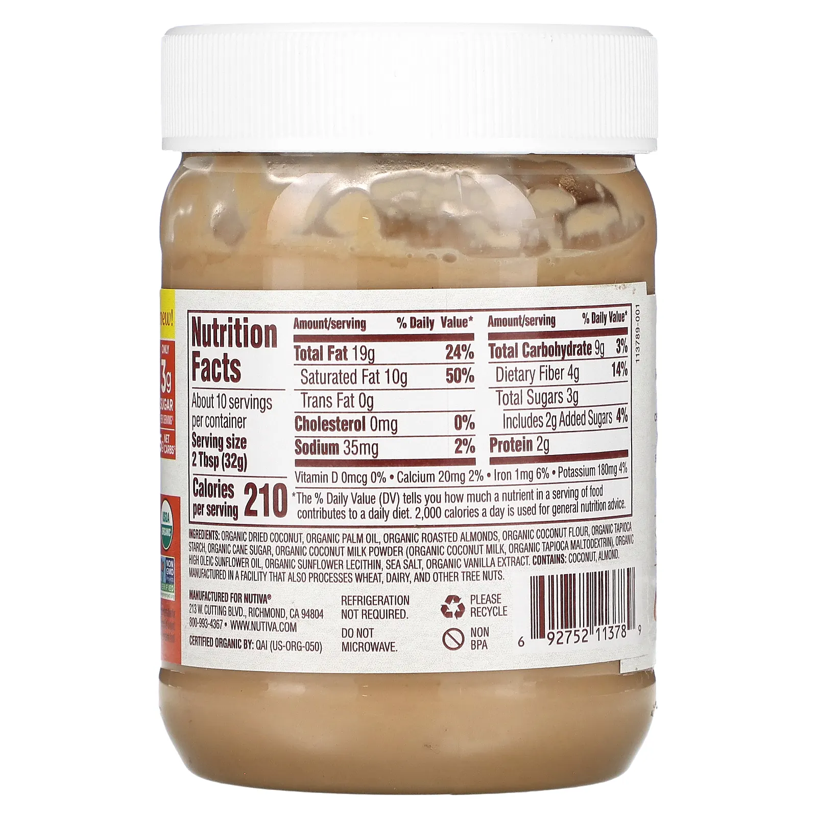 Nutiva, Органический спред с миндалем и кокосом, 326 г (11,5 унции)