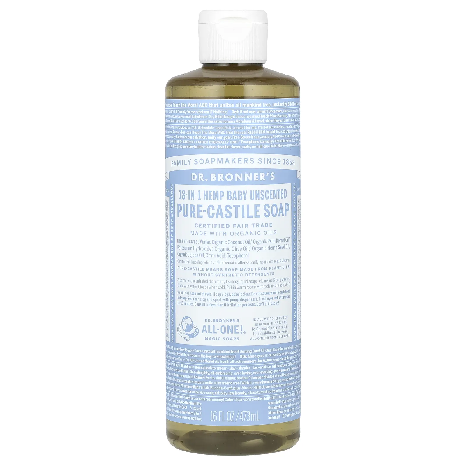 Dr. Bronner's, Чистое кастильское мыло из конопли 18-в-1, детское без запаха, 473 мл (16 жидк. Унций)