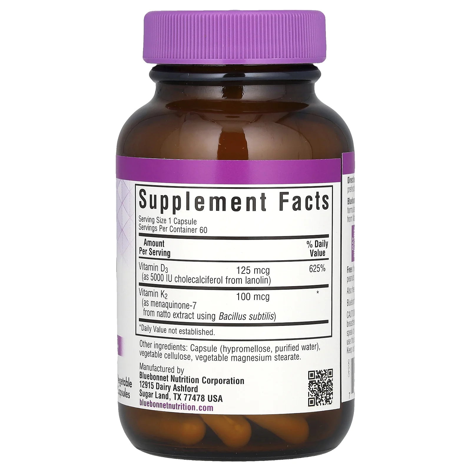 Bluebonnet Nutrition, витамины D3 и K2, 60 вегетарианских капсул