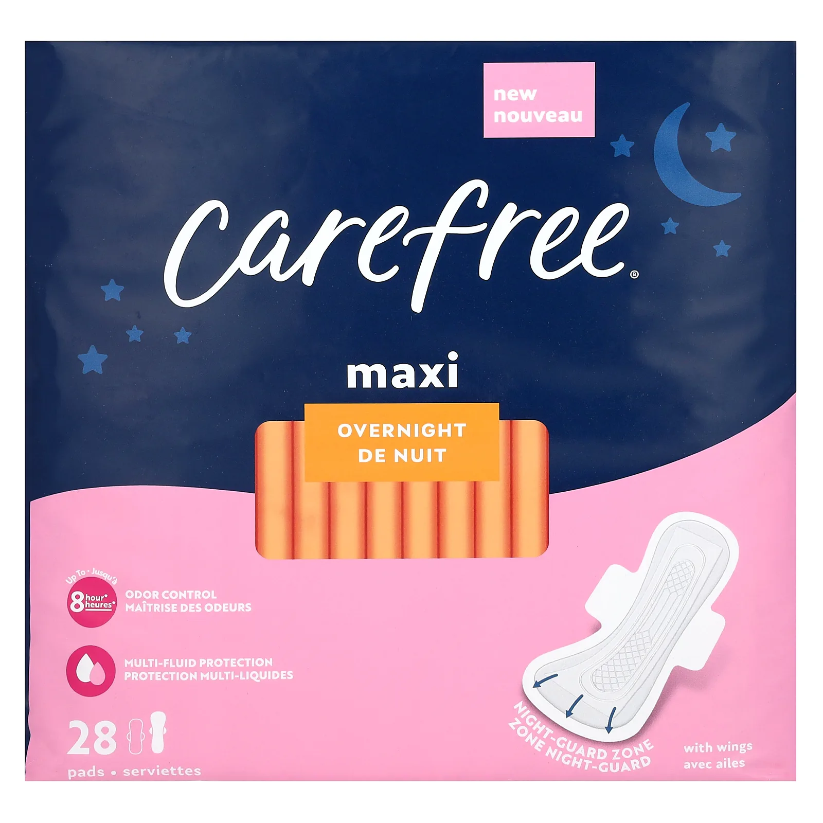 Carefree, Maxi, ночные прокладки, с крылышками, 28 штук