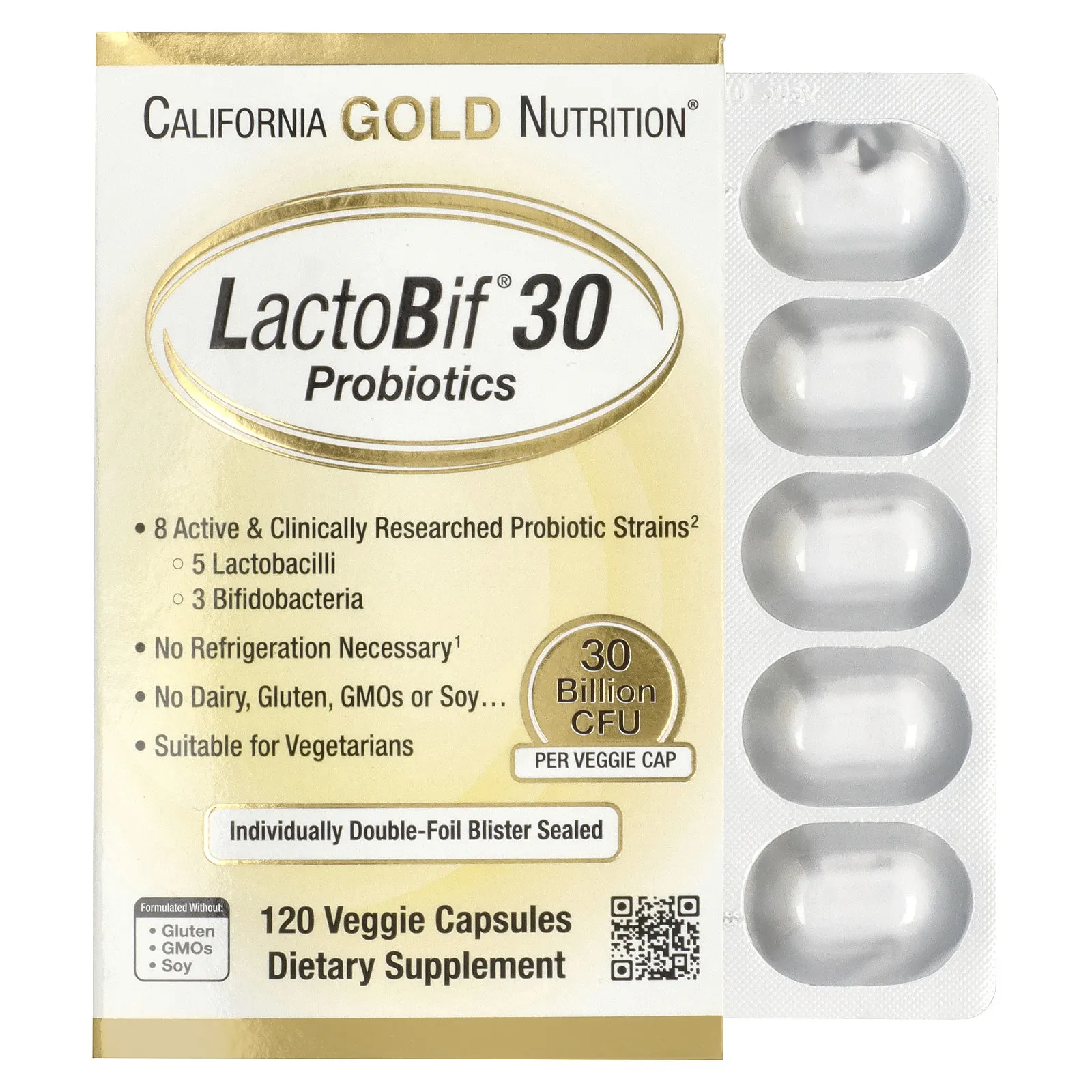 California Gold Nutrition, LactoBif® 30, пробиотики с 5 лактобактериями и 3 бифидобактериями, 30 млрд КОЕ, 120 растительных капсул