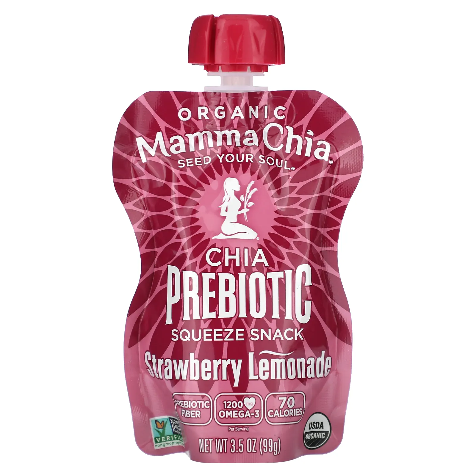 Mamma Chia, Organic Chia Prebiotic Squeeze Snack, клубничный лимонад, 4 пакетика, 99 г (3,5 унции)