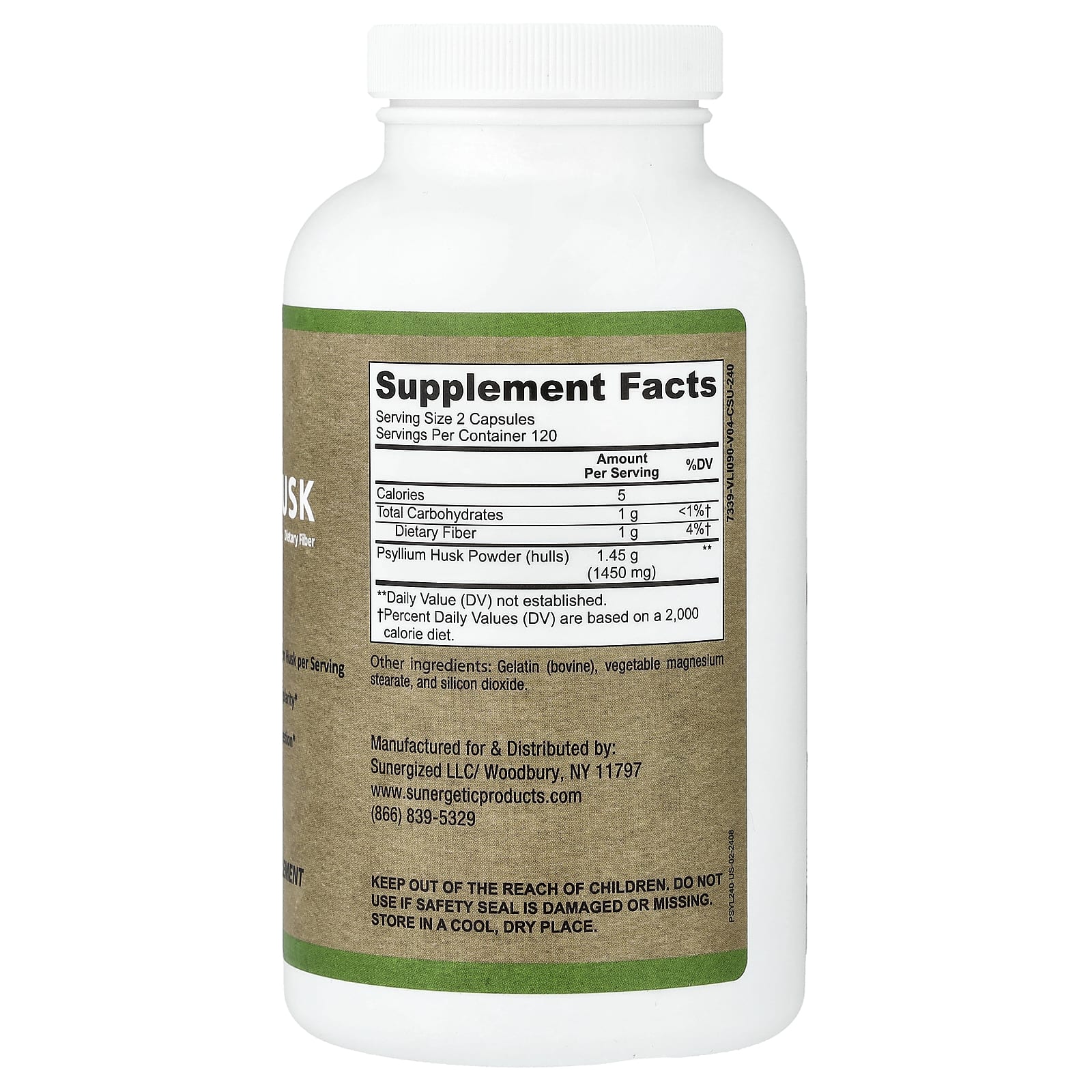 Sunergetic, шелуха семян подорожника, 240 капсул (725 мг в 1 капсуле)