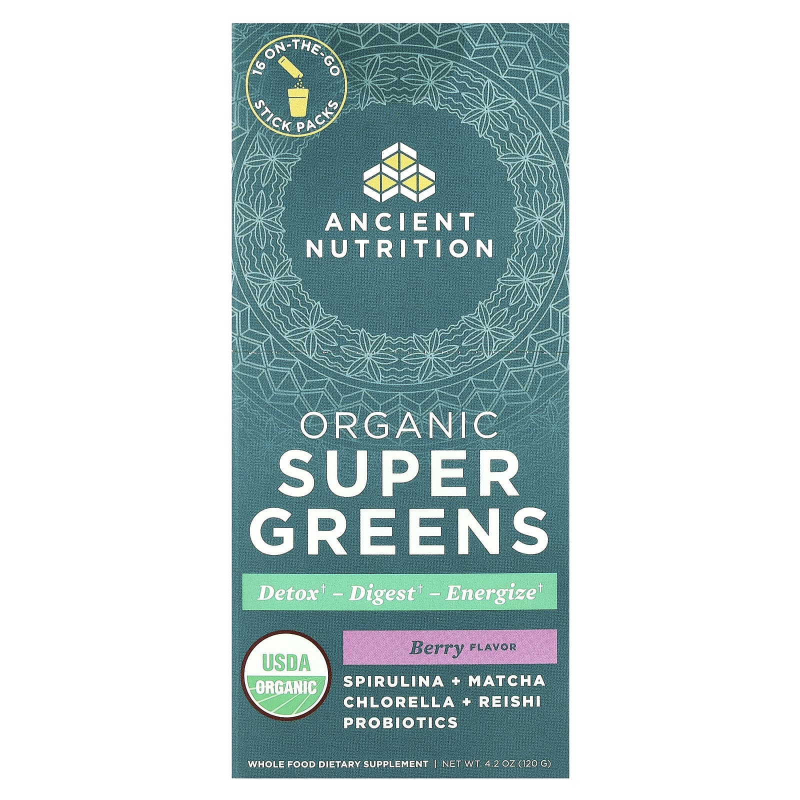 Ancient Nutrition, Organic Super Greens, ягоды, 16 упаковок в виде стиков, по 7,5 г (0,3 унции) каждая