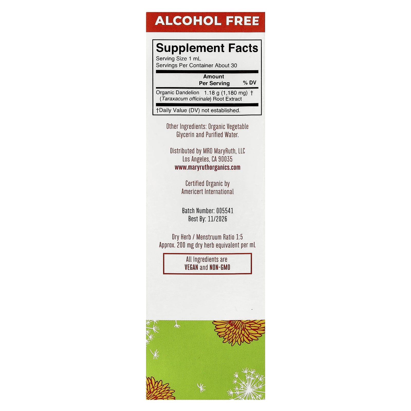 MaryRuth's, органический жидкий экстракт корня одуванчика, 30 мл (1 жидк. унция)