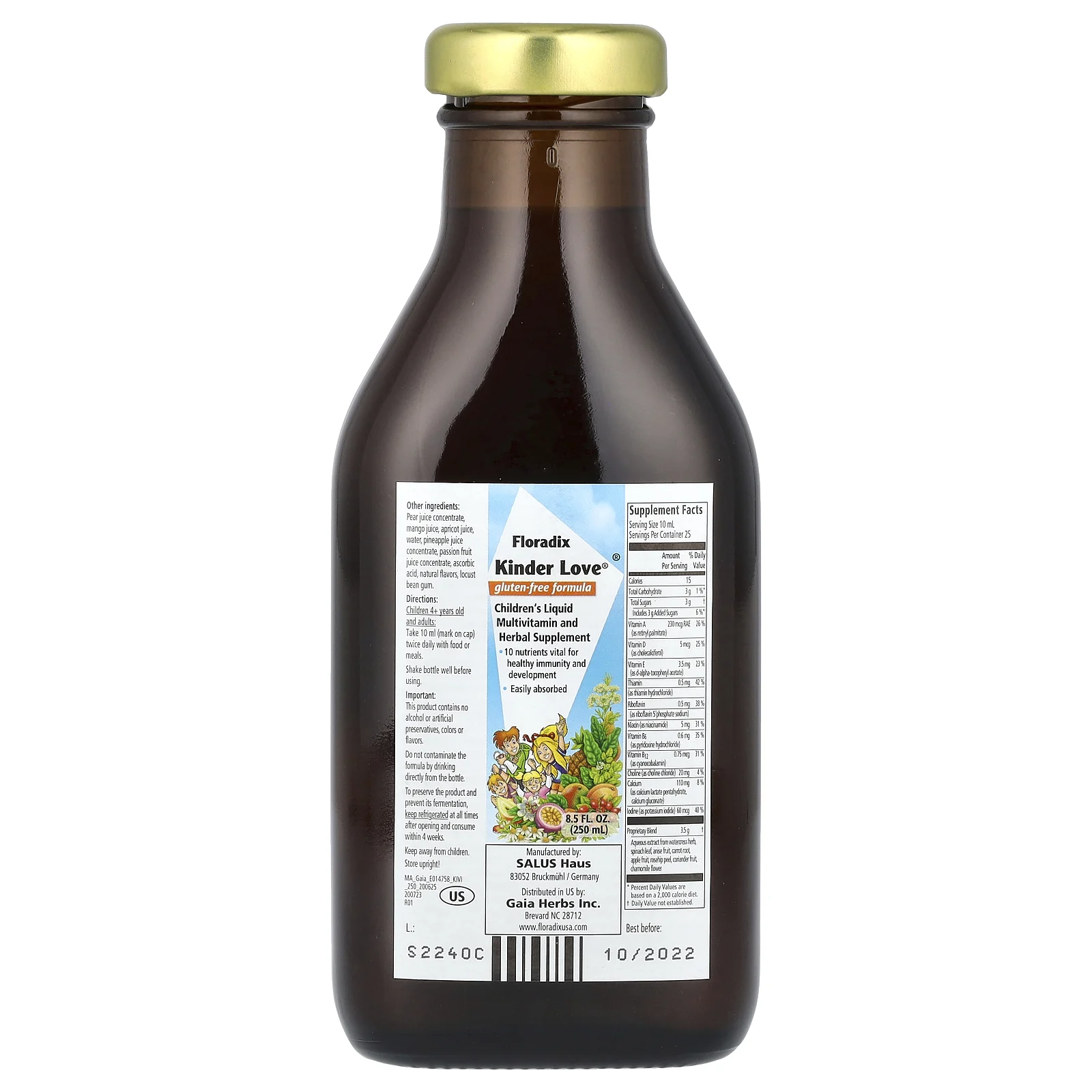 Floradix, Kinder Love, жидкая мультивитаминная и травяная добавка для детей, без глютена, 250 мл (8,5 жидк. Унции)
