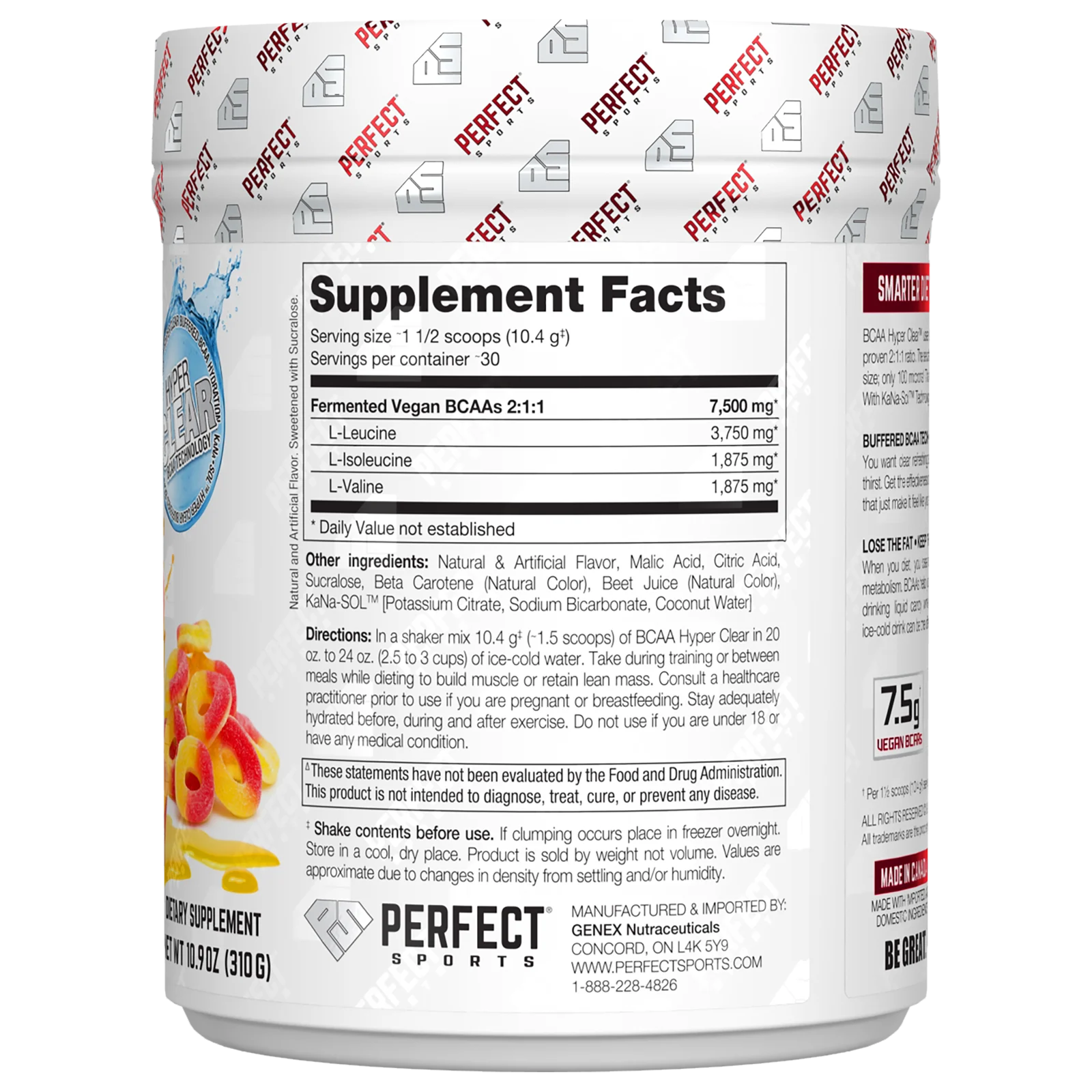 Perfect Sports, BCAA Hyper Clear, персиковые кольца насыщенного цвета, 310 г (10,9 унции)