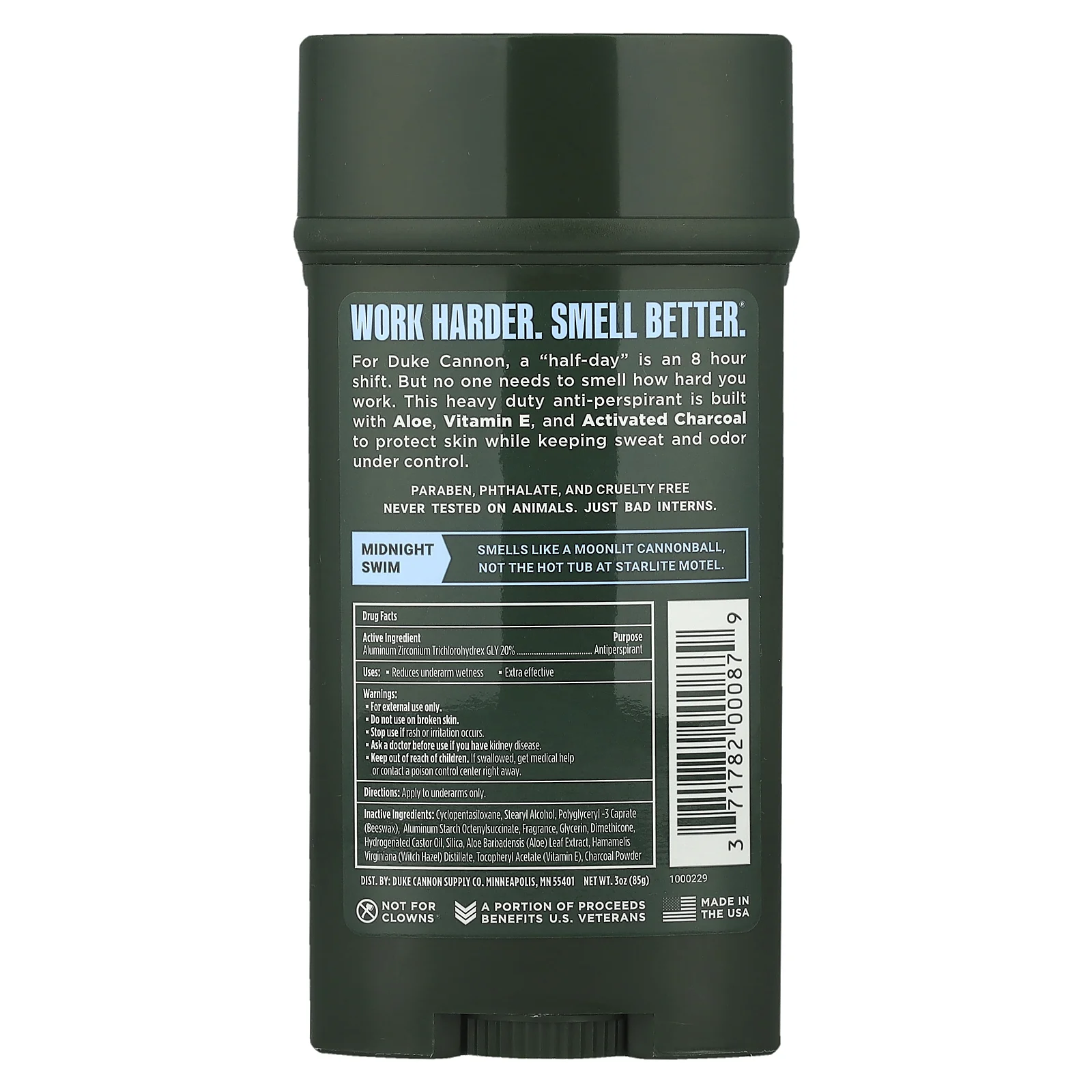 Duke Cannon Supply Co., Дезодорант-антиперспирант, Midnight Swim, морская трава и сандал, 85 г (3 унции)