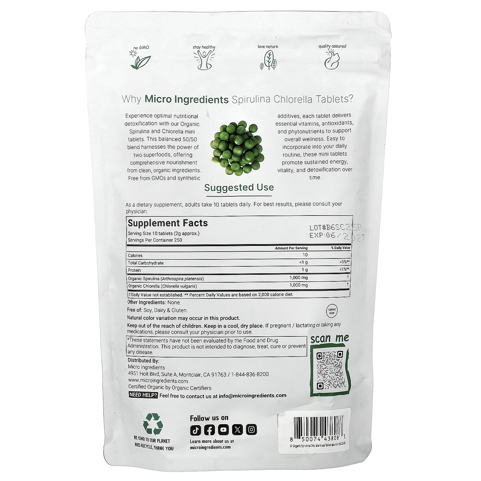 Micro Ingredients, органическая спирулина и хлорелла, 2500 мини-таблеток
