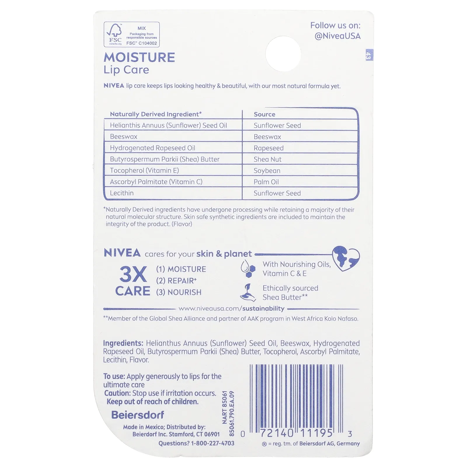 Nivea, Увлажняющее средство для губ, 4,8 г (0,17 унции)