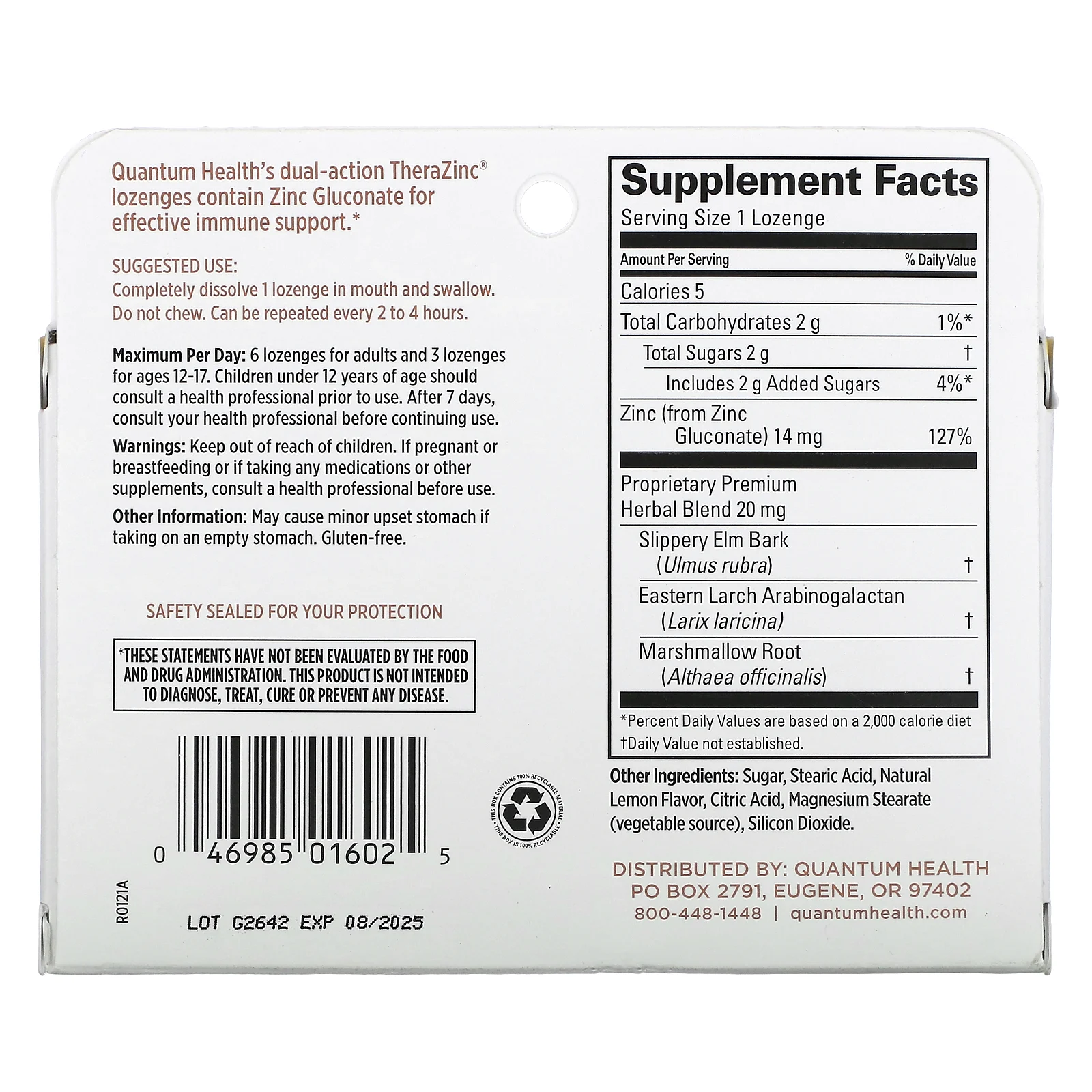 Quantum Health, TheraZinc, поддержка иммунитета, лимон, 24 пастилки