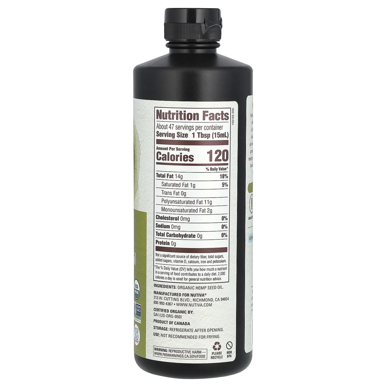 Nutiva, органическое конопляное масло, необработанное, холодного отжима, 710 мл (24 жидк. унции)