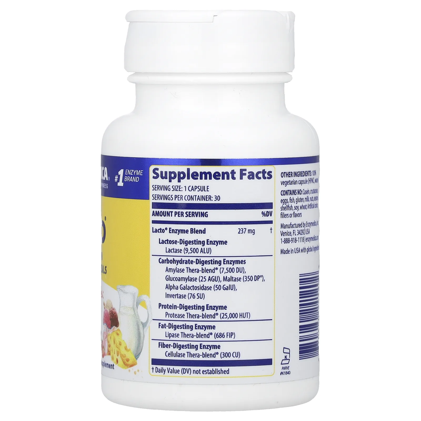 Enzymedica, Lacto, формула для переваривания молочных продуктов последнего поколения, 30 капсул