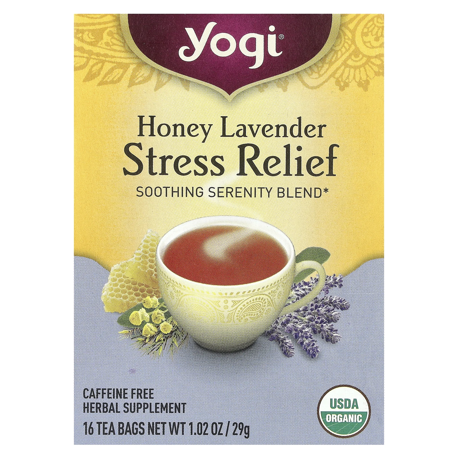 Yogi Tea, Stress Relief, мед и лаванда, без кофеина, 16 чайных пакетиков, 29 г (1,02 унции)
