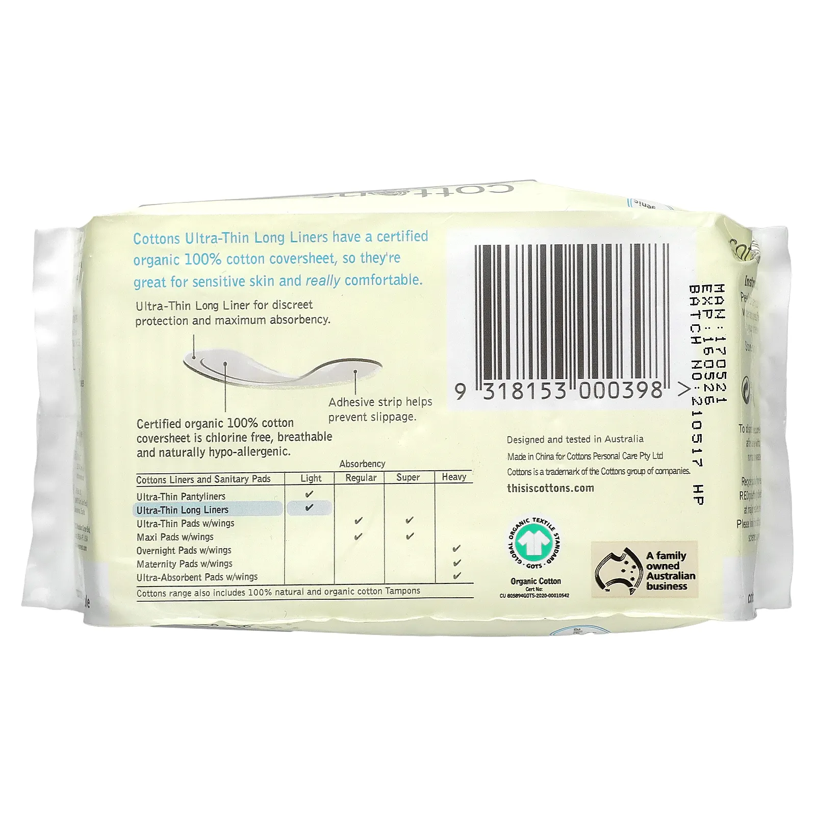 Cottons, Ультратонкие прокладки увеличенной длины с покрывающим слоем из 100% чистого хлопка, 32 шт.