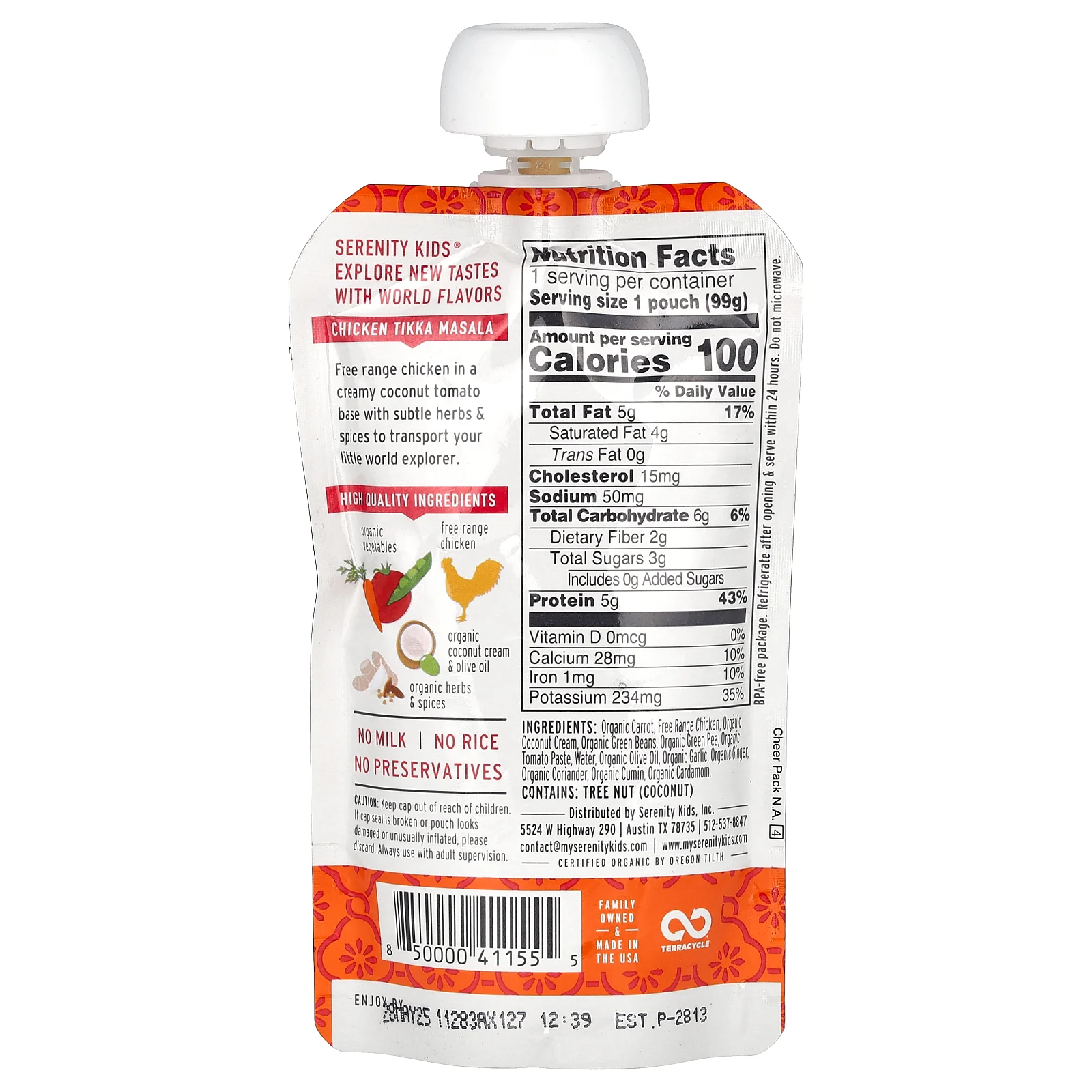 Serenity Kids, тикка масала из курицы с морковью, кокосовым кремом, зеленой фасолью, травами и специями, для детей от 6 месяцев, 99 г (3,5 унции)