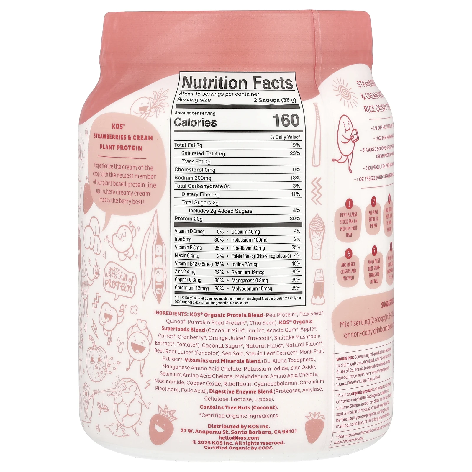 KOS, Organic Superfood Plant Protein Powder, Strawberries & Cream, 1.25 lb (570 g)