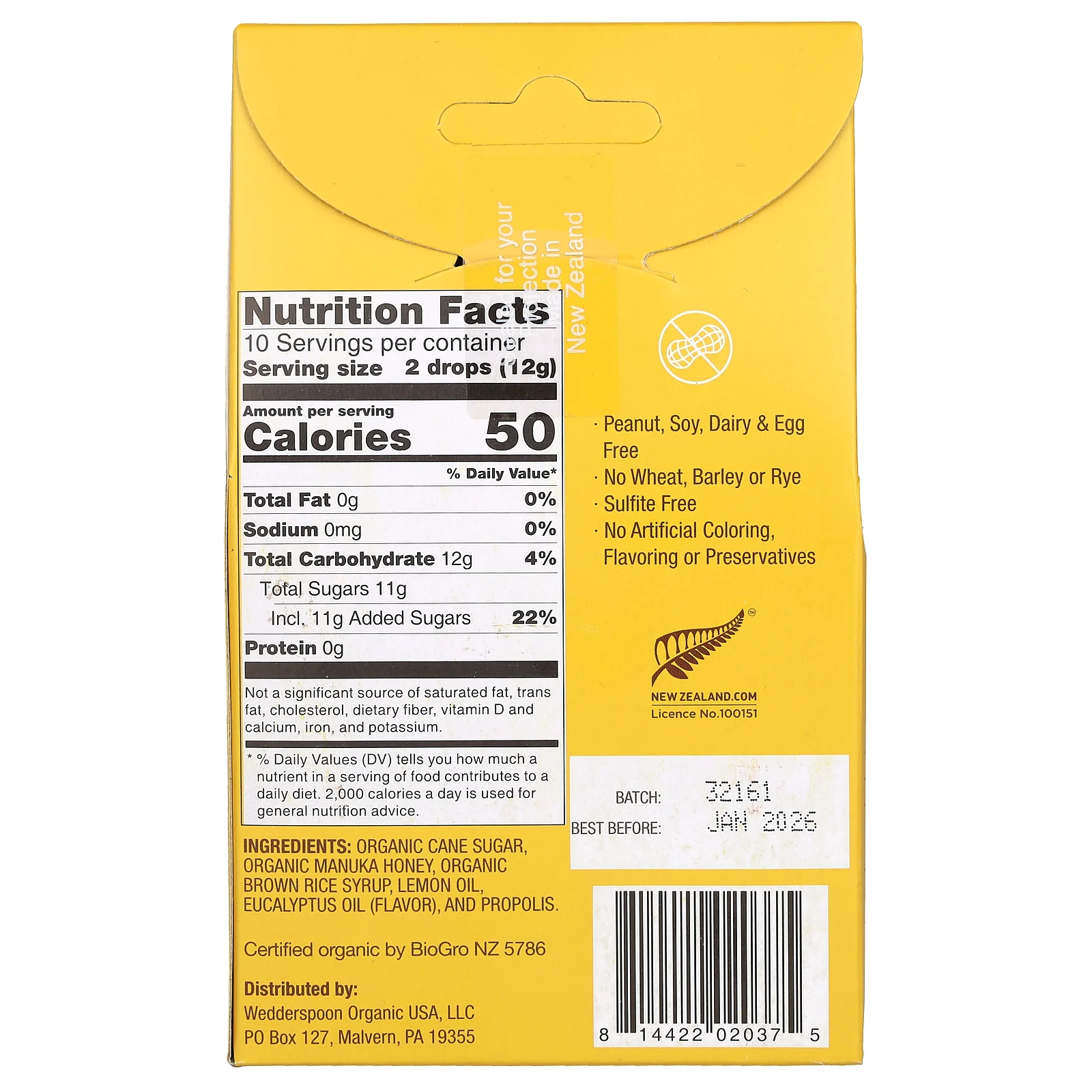 Wedderspoon, органические капли с медом манука, лимон и пчелиный прополис, 20 шт., 120 г (4 унции)