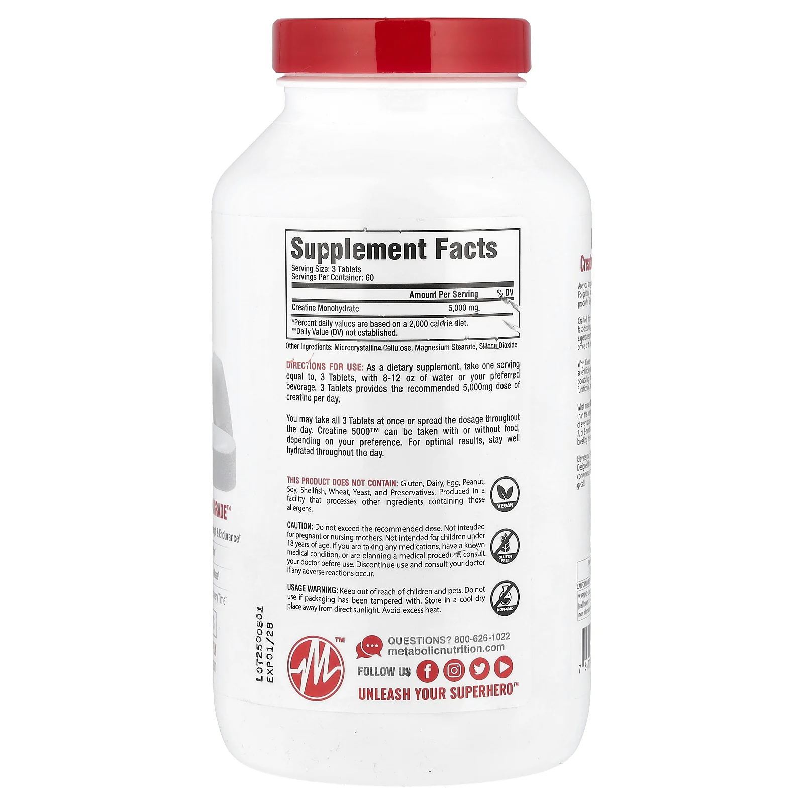 Metabolic Nutrition, Creatine ™ 5000, 5000 мг, 180 таблеток (1666 мг в каждой таблетке)