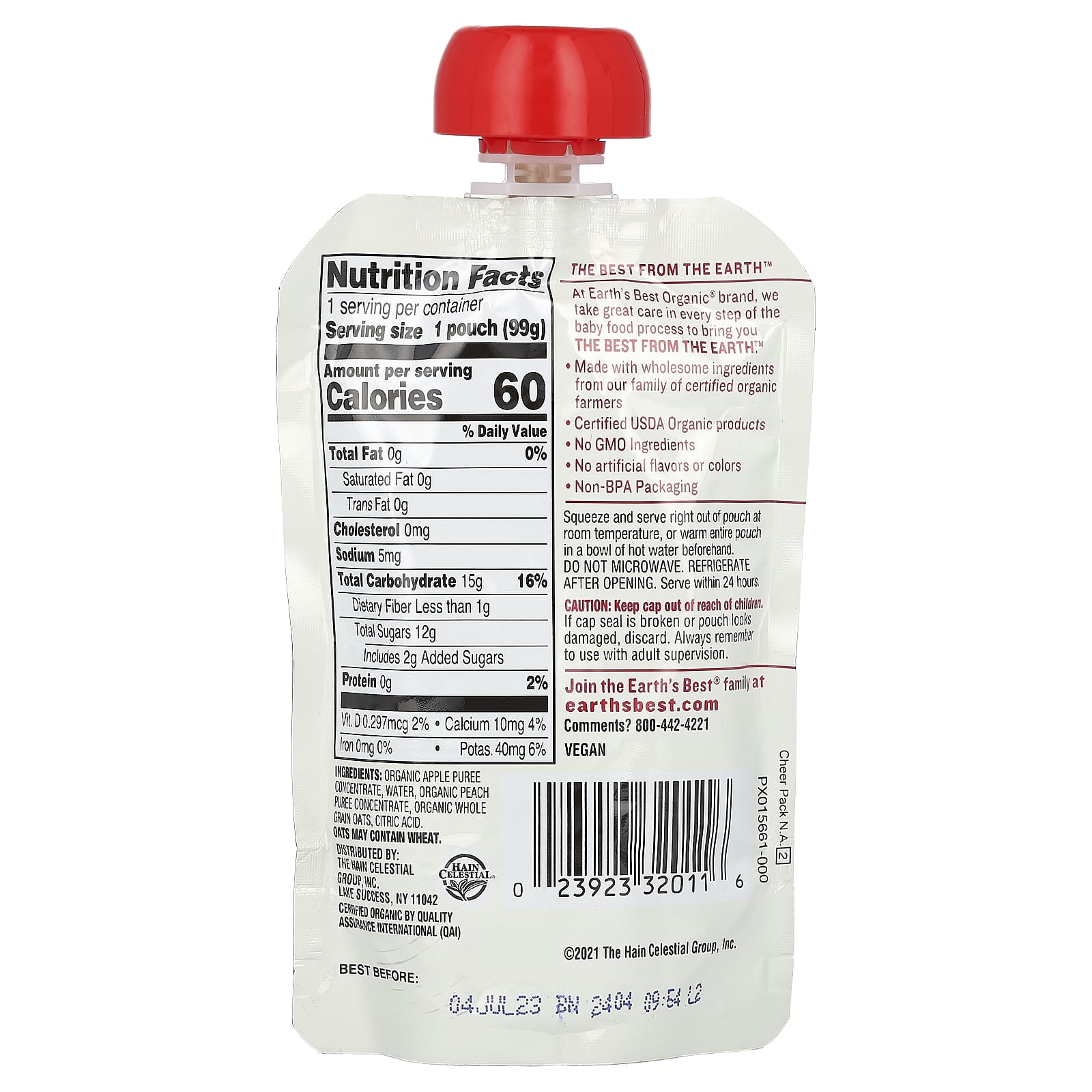 Earth's Best, органическое пюре из фруктов и злаков, для детей от 6 месяцев, яблоко и персик, 99 г (3,5 унции)