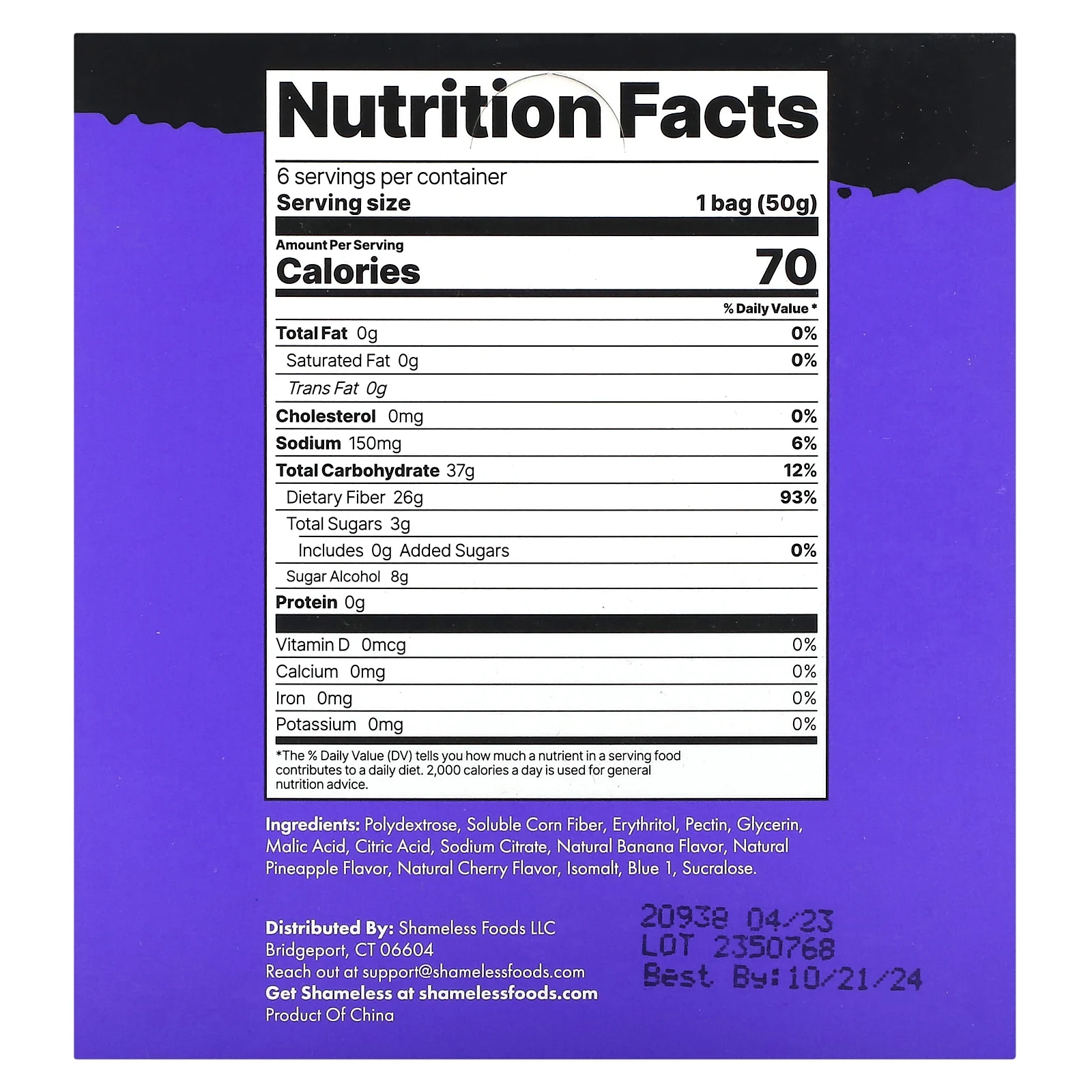 Shameless Snacks, суперкислые жевательные конфеты, со вкусом голубой малины, 6 пакетиков по 50 г (1,8 унции)