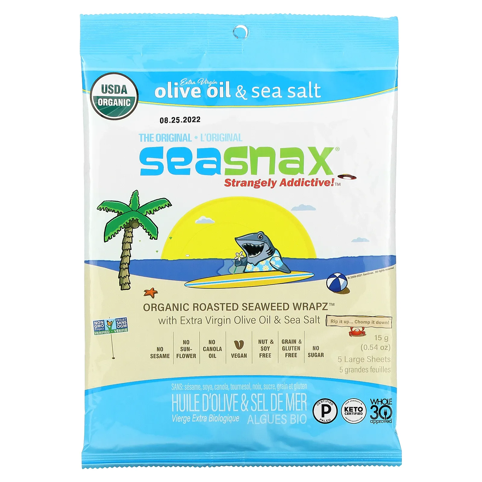 SeaSnax, упаковка органических обжаренных водорослей, оригинальный вкус, 20 больших листов, 60 г (2,16 унции)